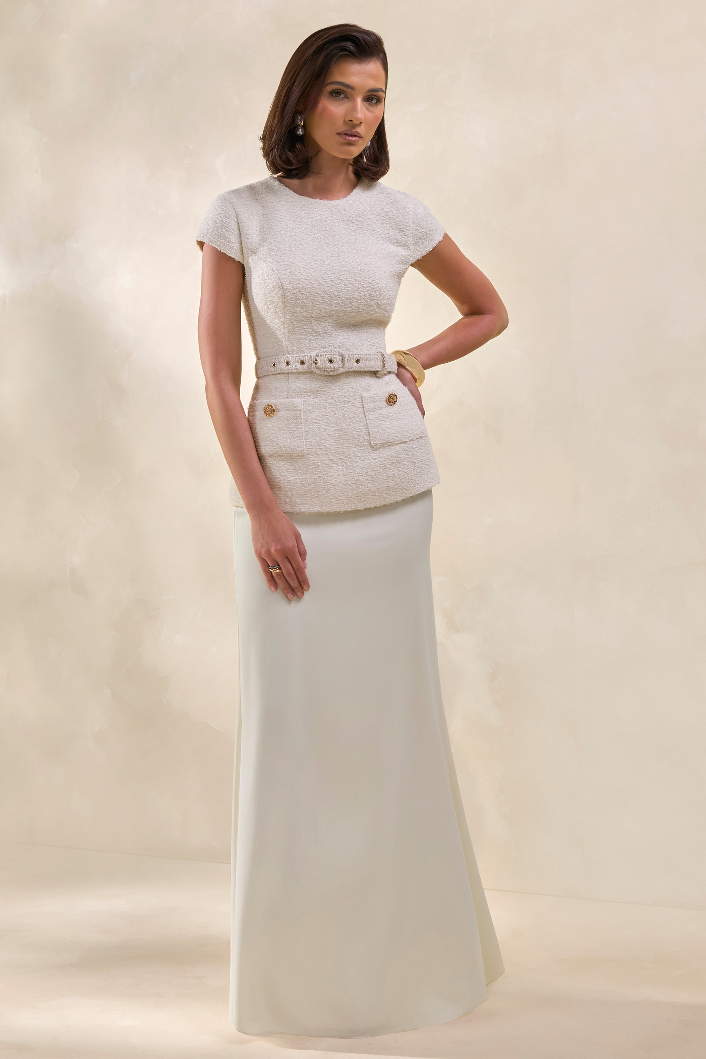 Whispera | Cream Crew-Neck Maxi Dress With Satin Skirt And Pocket-Details