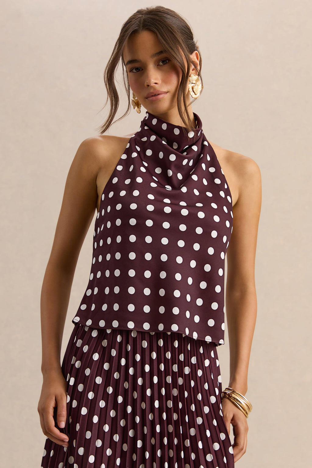 Lirona | Brown Polka-Dot Satin High-Neck Top
