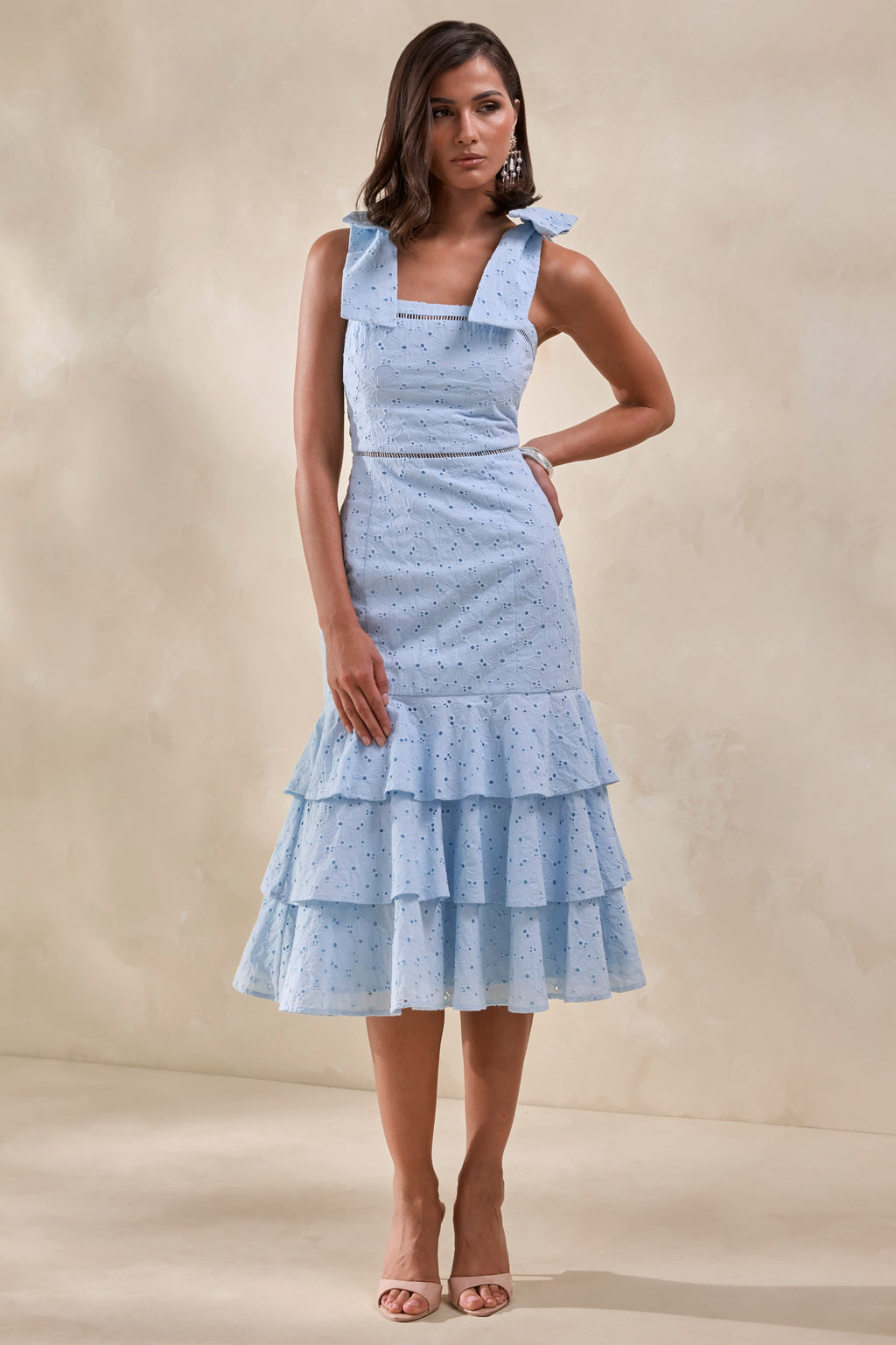 Velissia | Blue Broderie Square-Neck Midi Dress With Bow-Sleeves And Ruffled-Hem