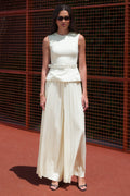 Lerenza | Cream Satin Wide-Leg Pleated Trousers