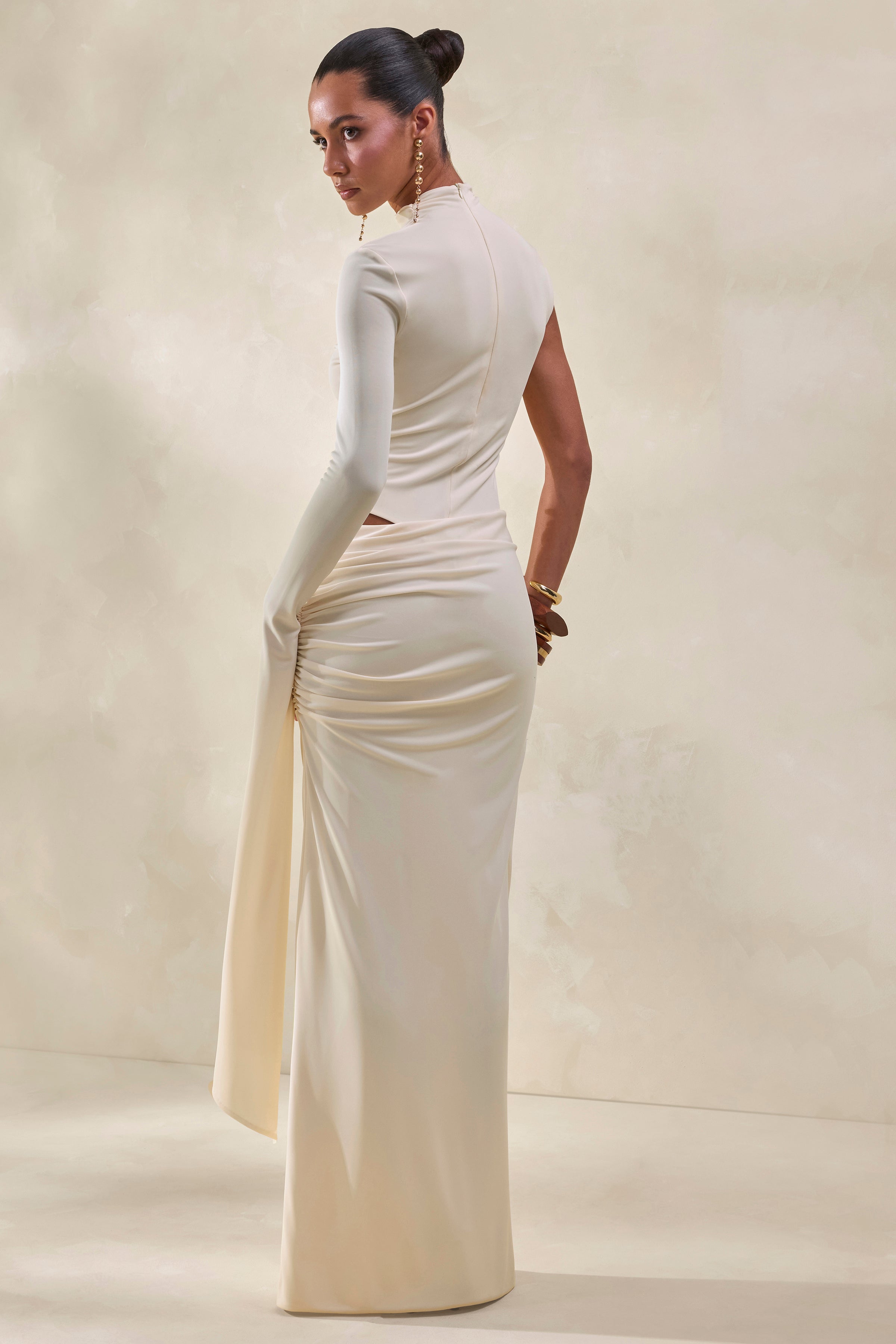 Ellora | Cream High-Neck One Sleeve Thong Bodysuit