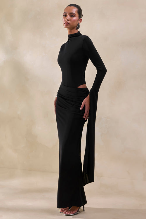 Adessa | Black Asymmetric Waist Ruched Maxi Skirt