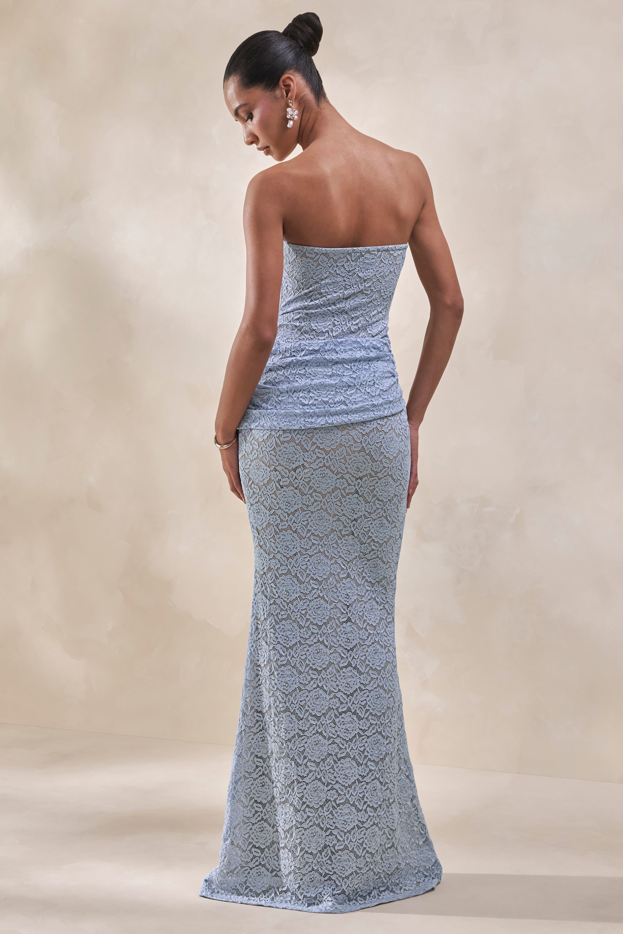 Viara | Powder Blue Lace Maxi Skirt With Draped-Detailing