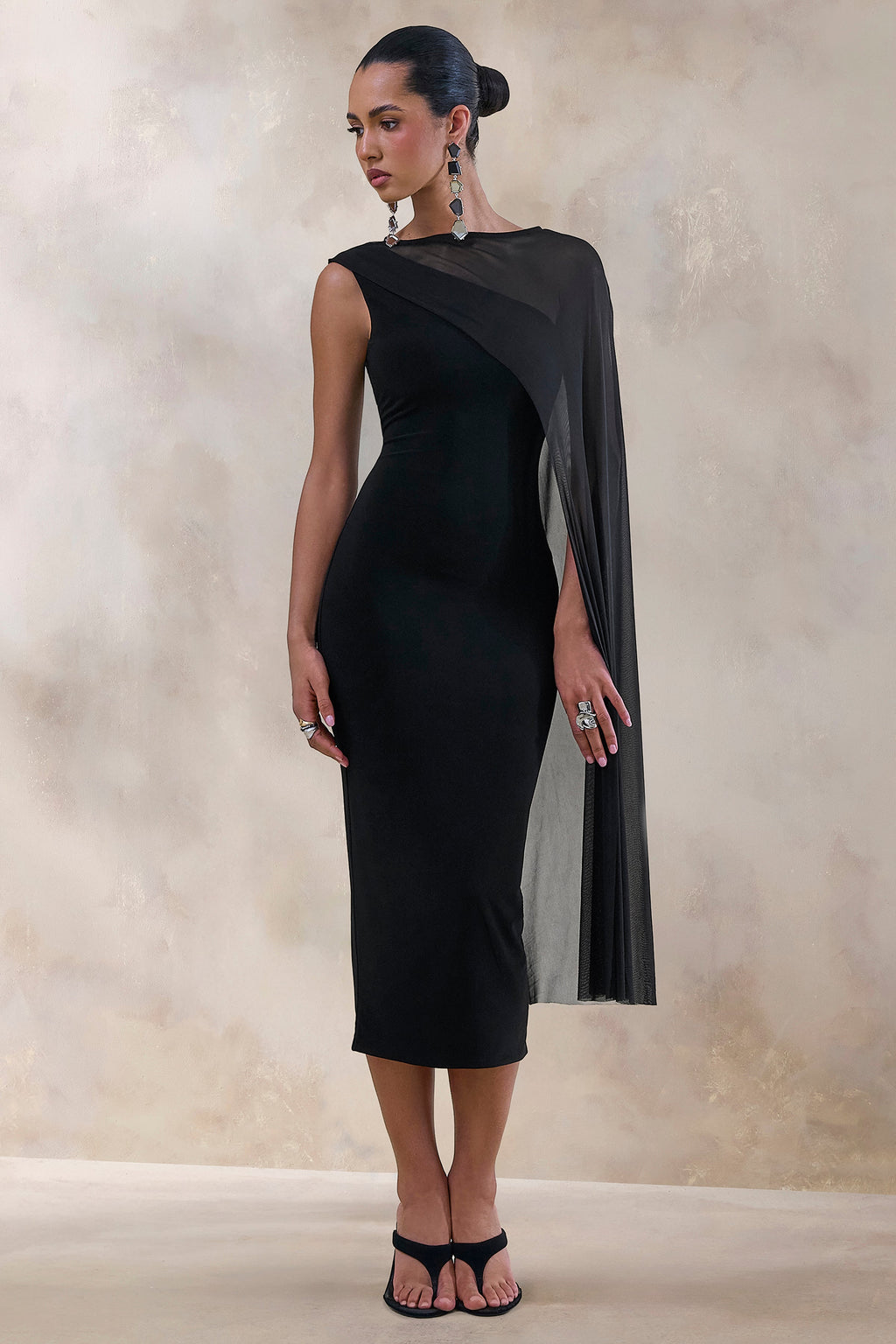 Caloria | Black Asymmetric-Neck Midi Dress With Mesh-Cape
