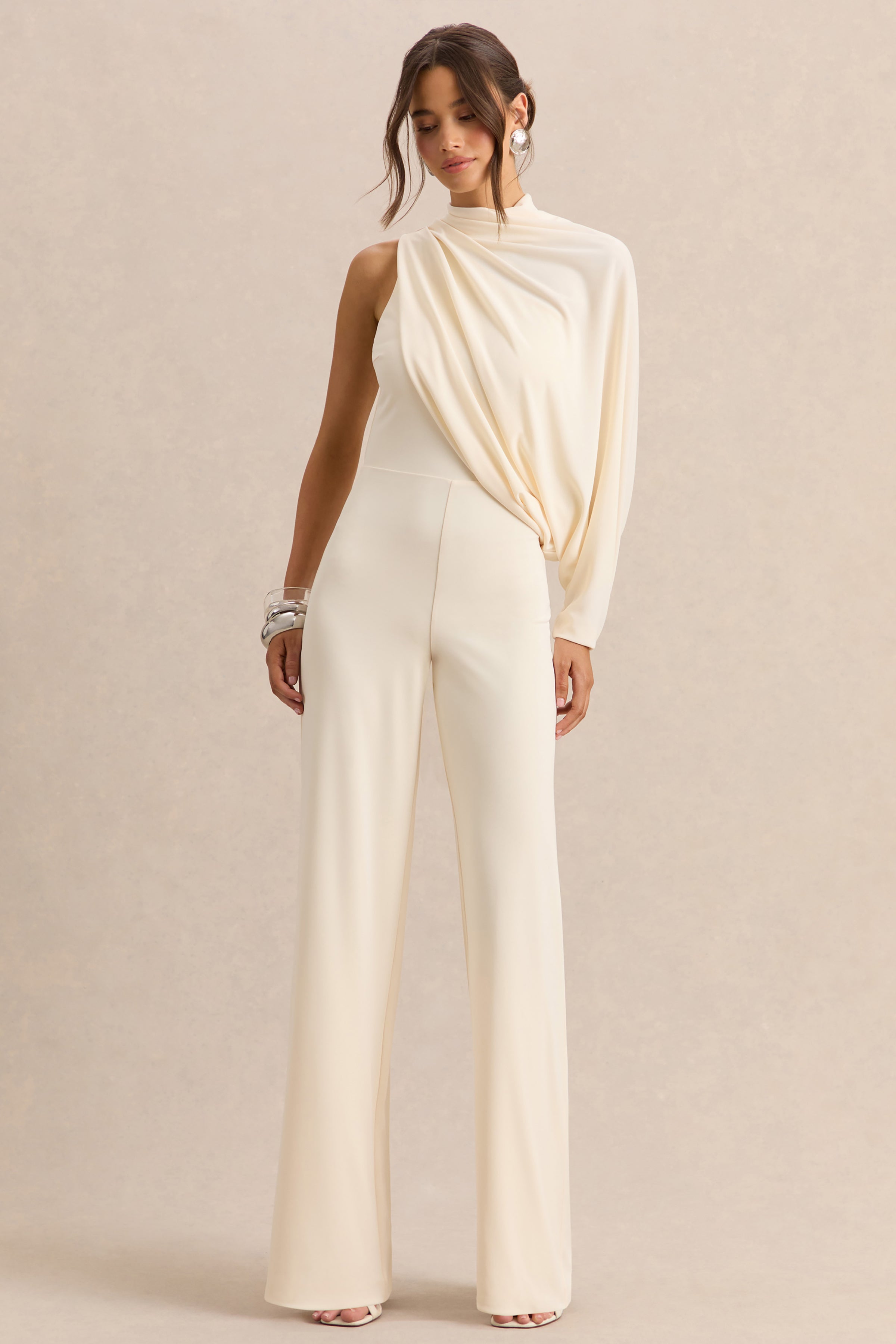 Emoria | Cream High-Neck Jumpsuit With One Long-Sleeve