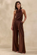 Elisra | Brown Satin Halter-Neck Jumpsuit