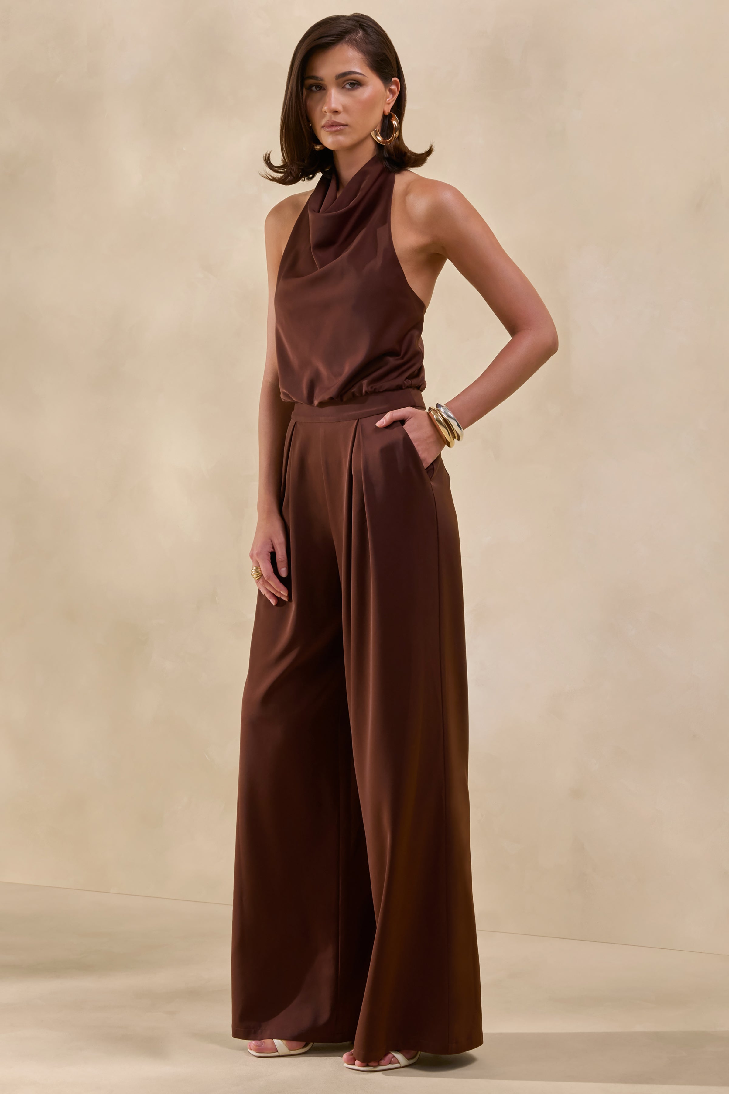Elisra | Brown Satin Halter-Neck Jumpsuit