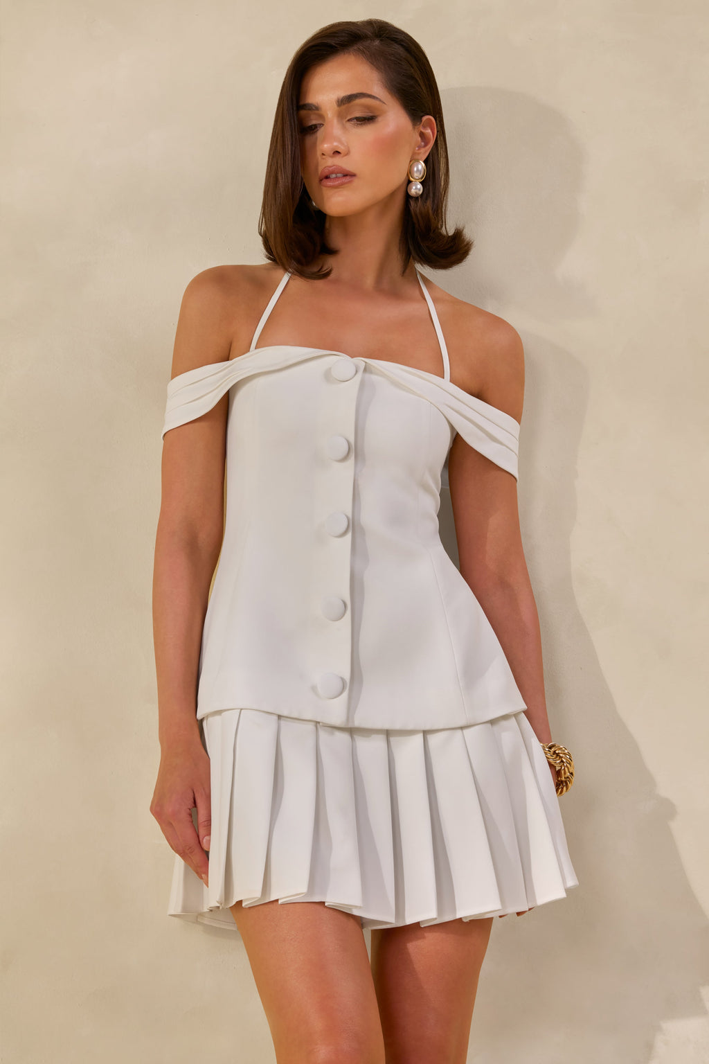 Celeta | White Bardot-Neck Mini Dress With Button-Detailing And Pleated-Hem