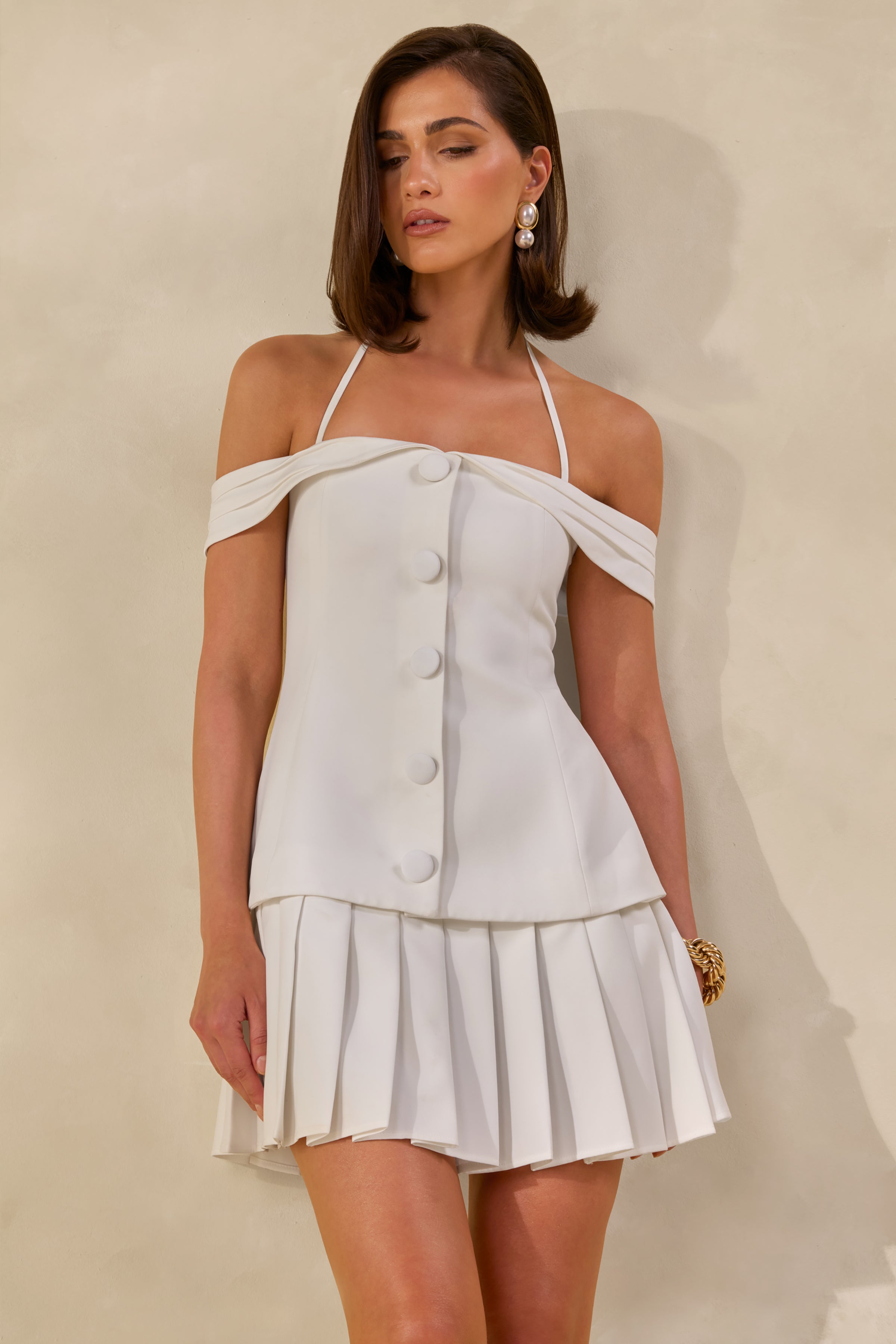 Celeta | White Bardot-Neck Mini Dress With Button-Detailing And Pleated-Hem