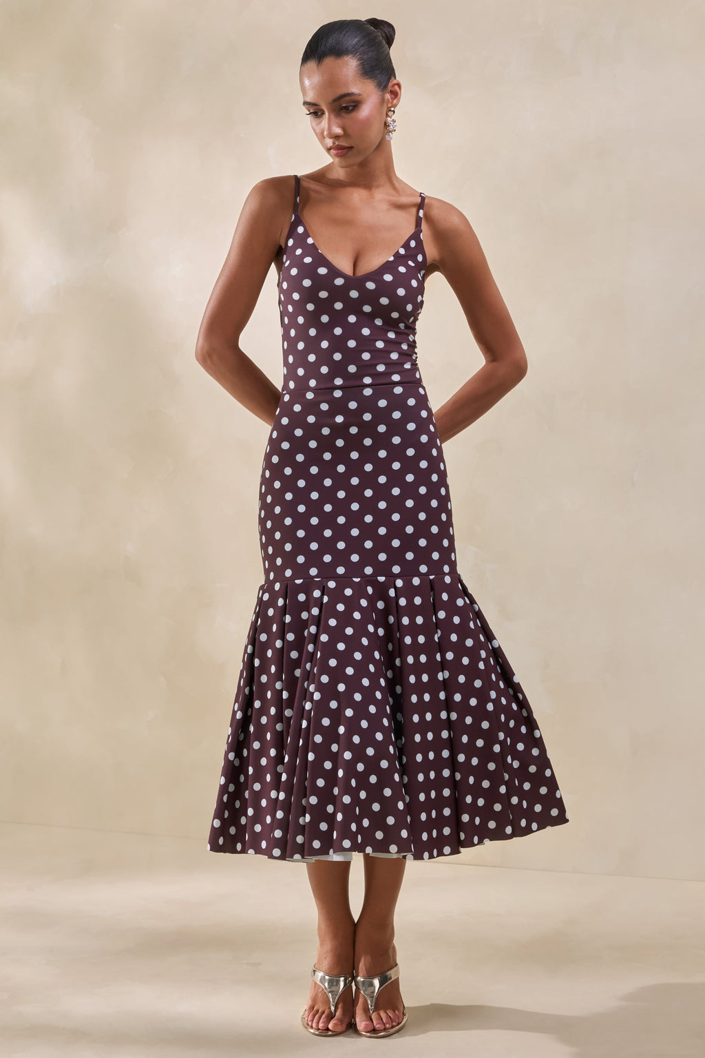 Masie | Brown Polka-Dot Mesh Midi Skirt With Drop-Waist