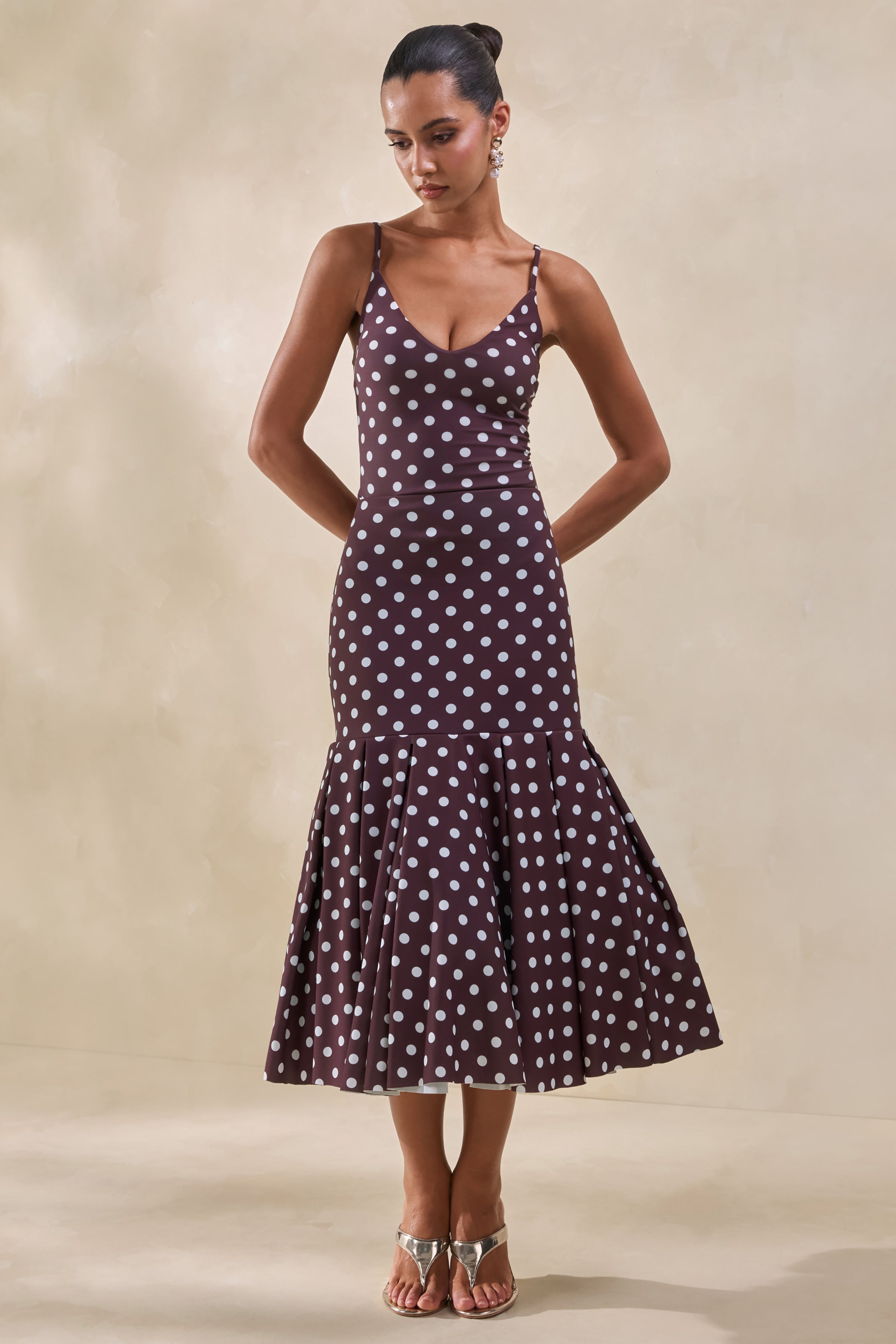 Masie | Brown Polka-Dot Mesh Midi Skirt With Drop-Waist