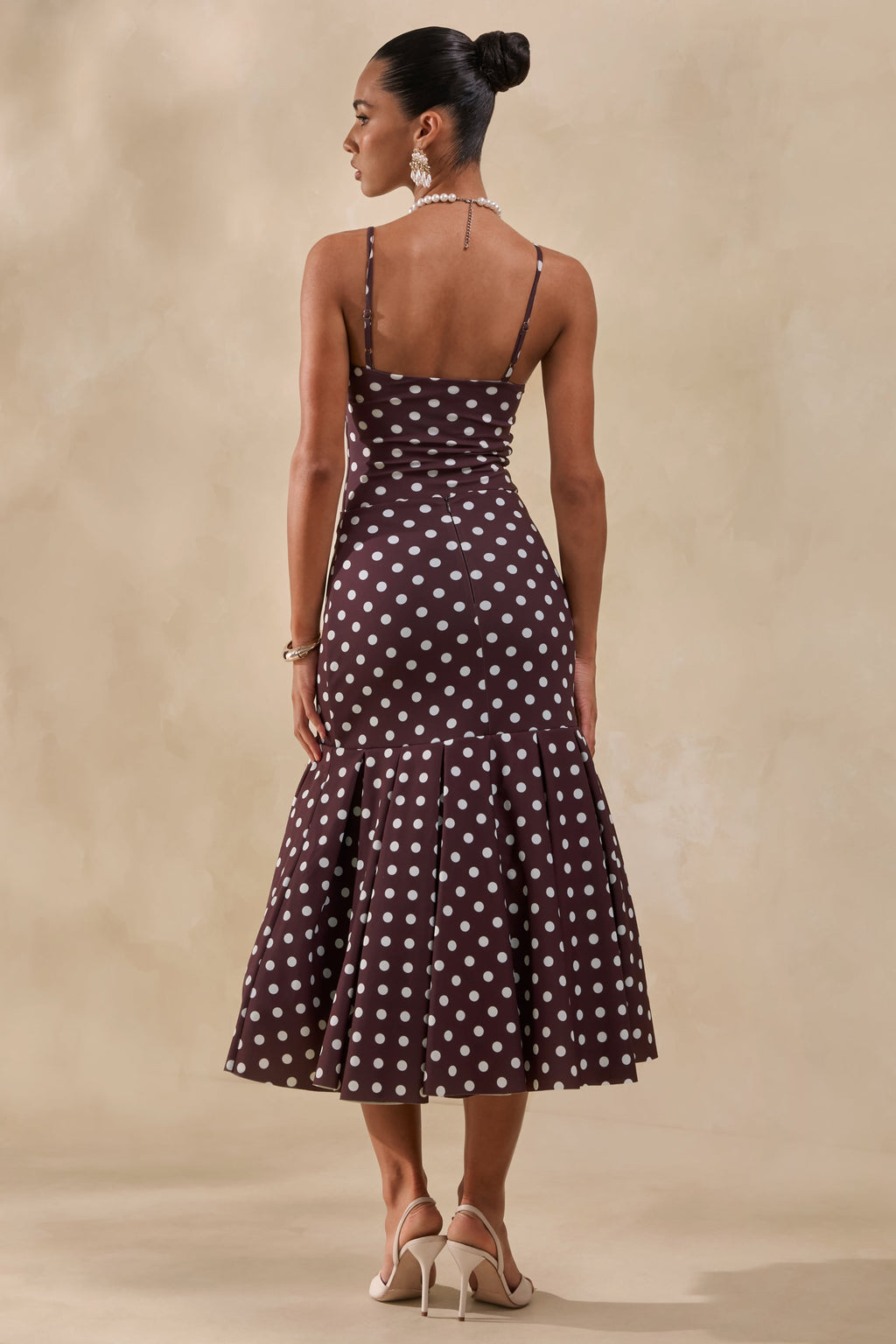 Masie | Brown Polka-Dot Mesh Midi Skirt With Drop-Waist