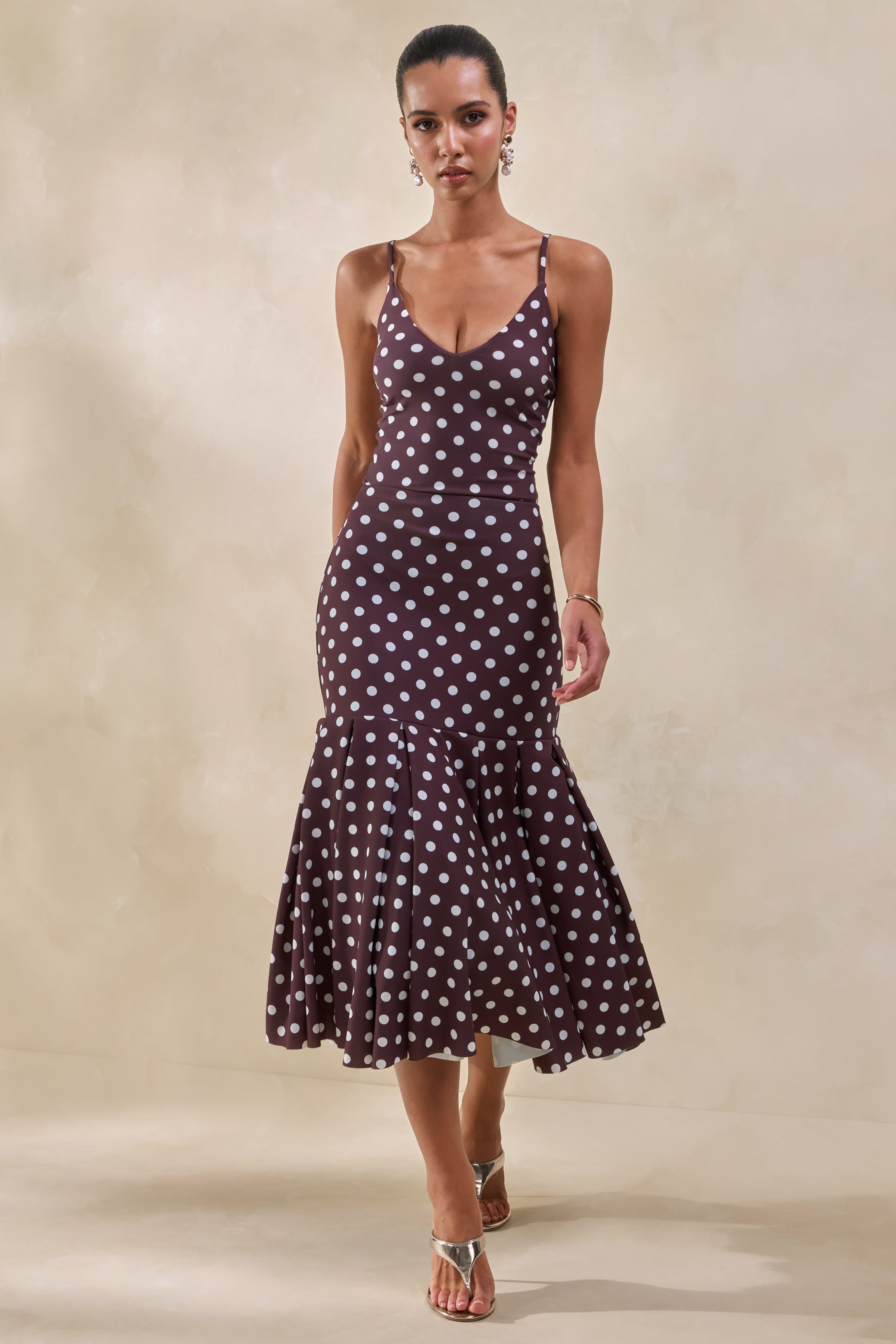 Masie | Brown Polka-Dot Mesh Midi Skirt With Drop-Waist