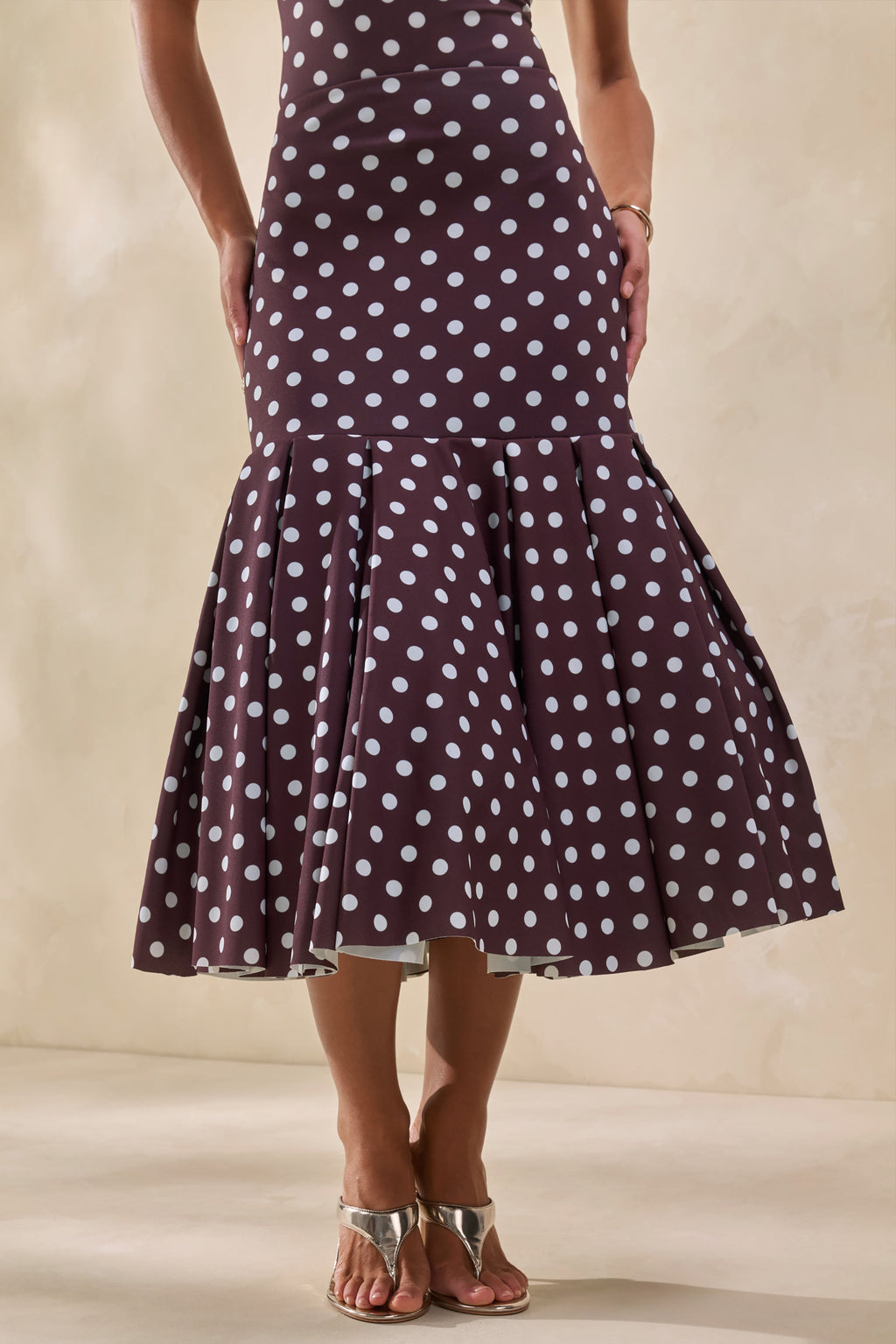 Masie | Brown Polka-Dot Mesh Midi Skirt With Drop-Waist