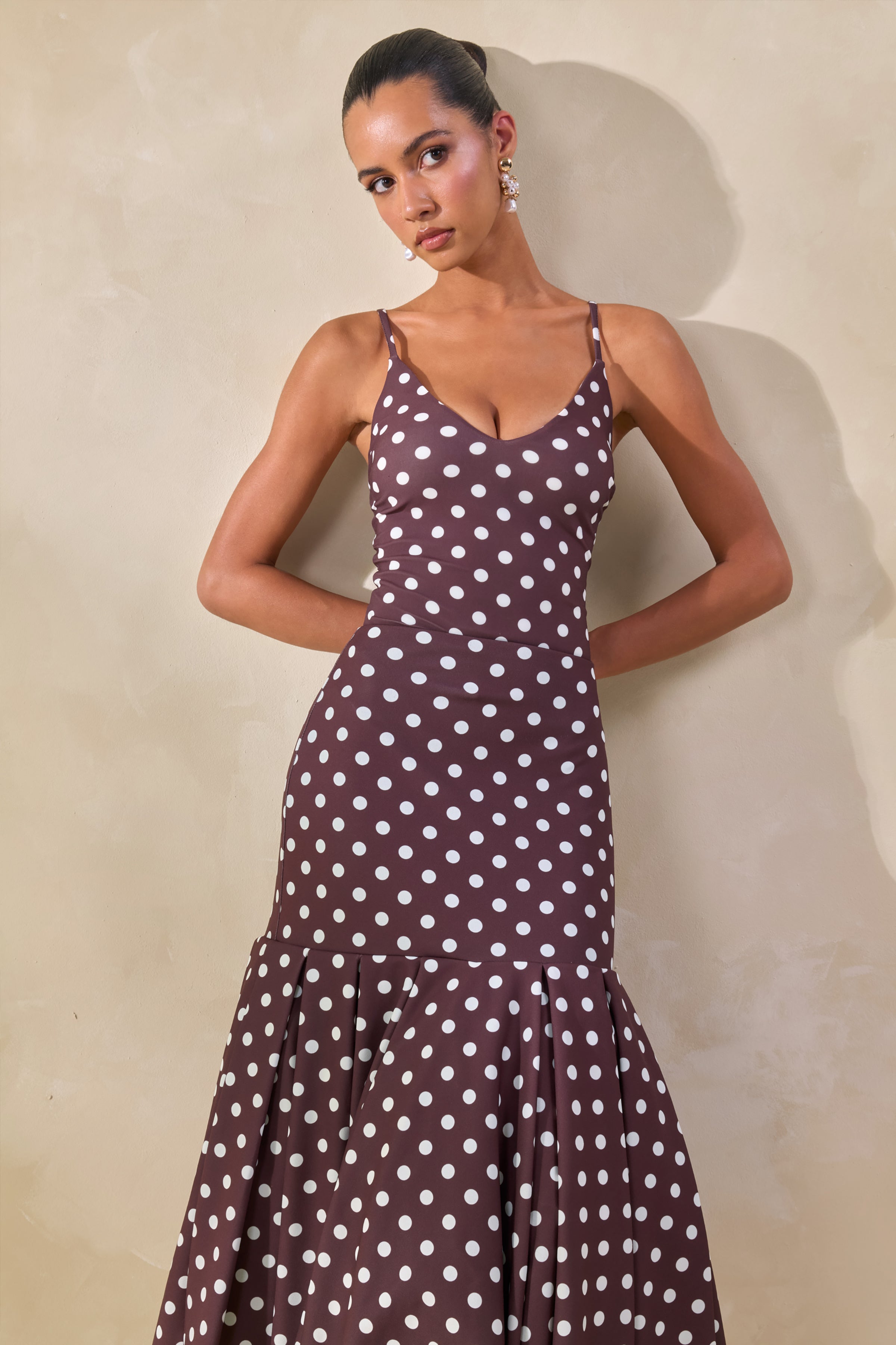 Masie | Brown Polka-Dot Mesh Midi Skirt With Drop-Waist