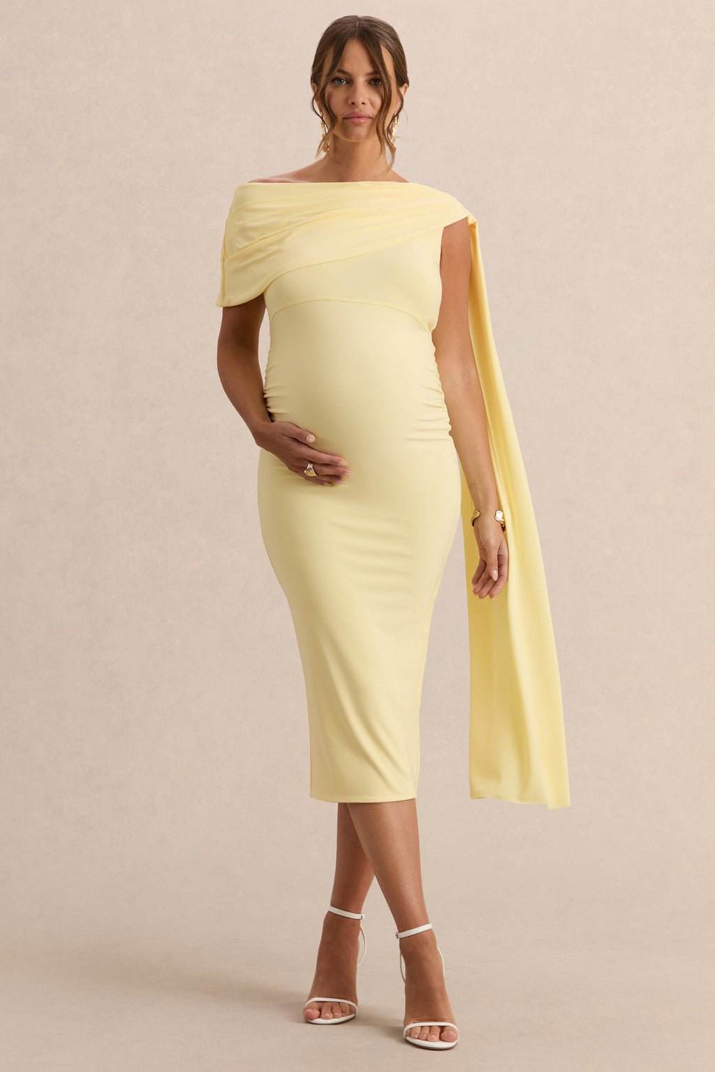 Braelyn | Lemon Asymmetric-Neck Maternity Midi Dress With Gathered Detailing And Sash