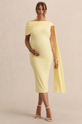 Braelyn | Lemon Asymmetric-Neck Maternity Midi Dress With Gathered Detailing And Sash