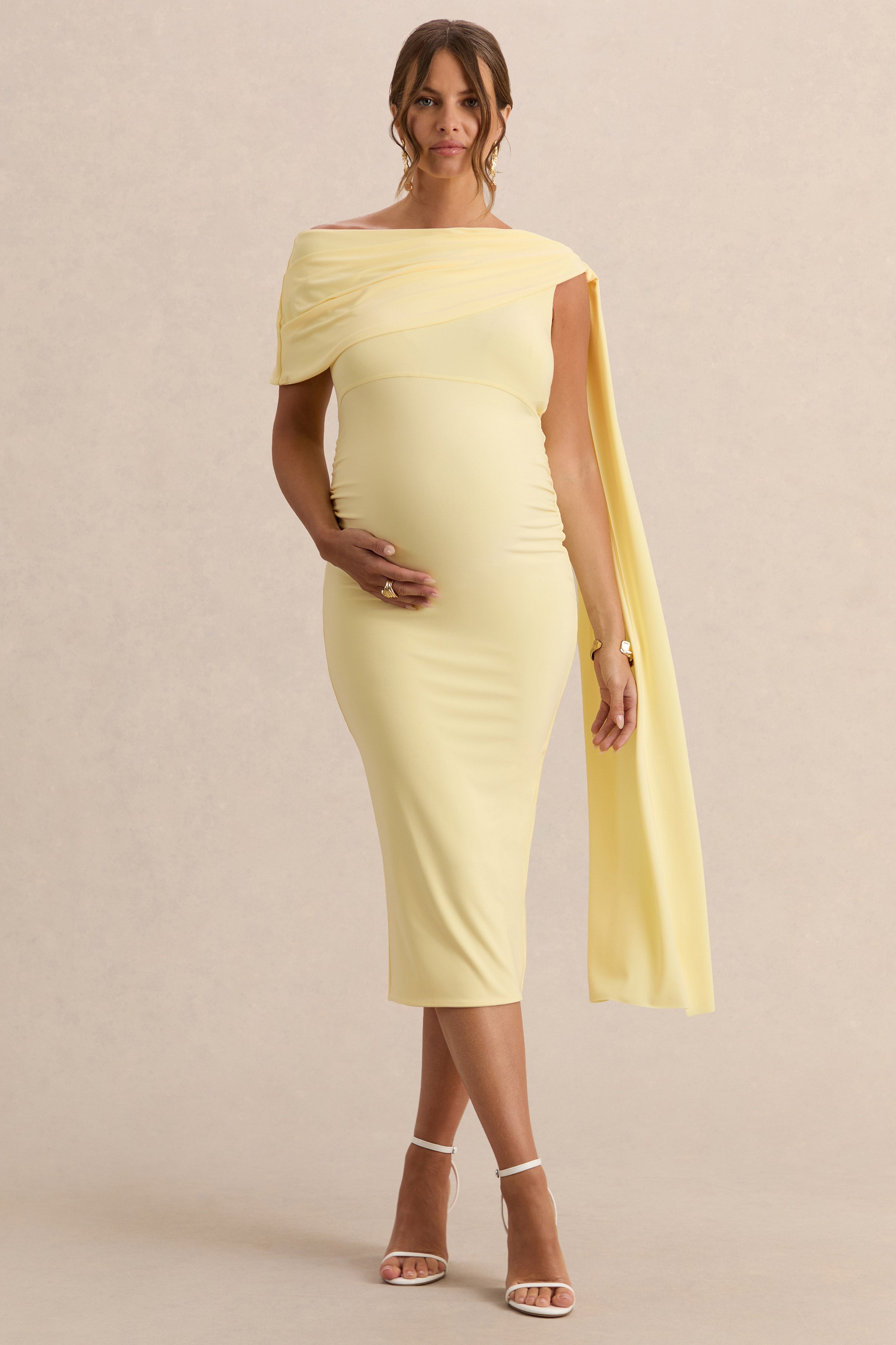 Braelyn | Lemon Asymmetric-Neck Maternity Midi Dress With Gathered Detailing And Sash