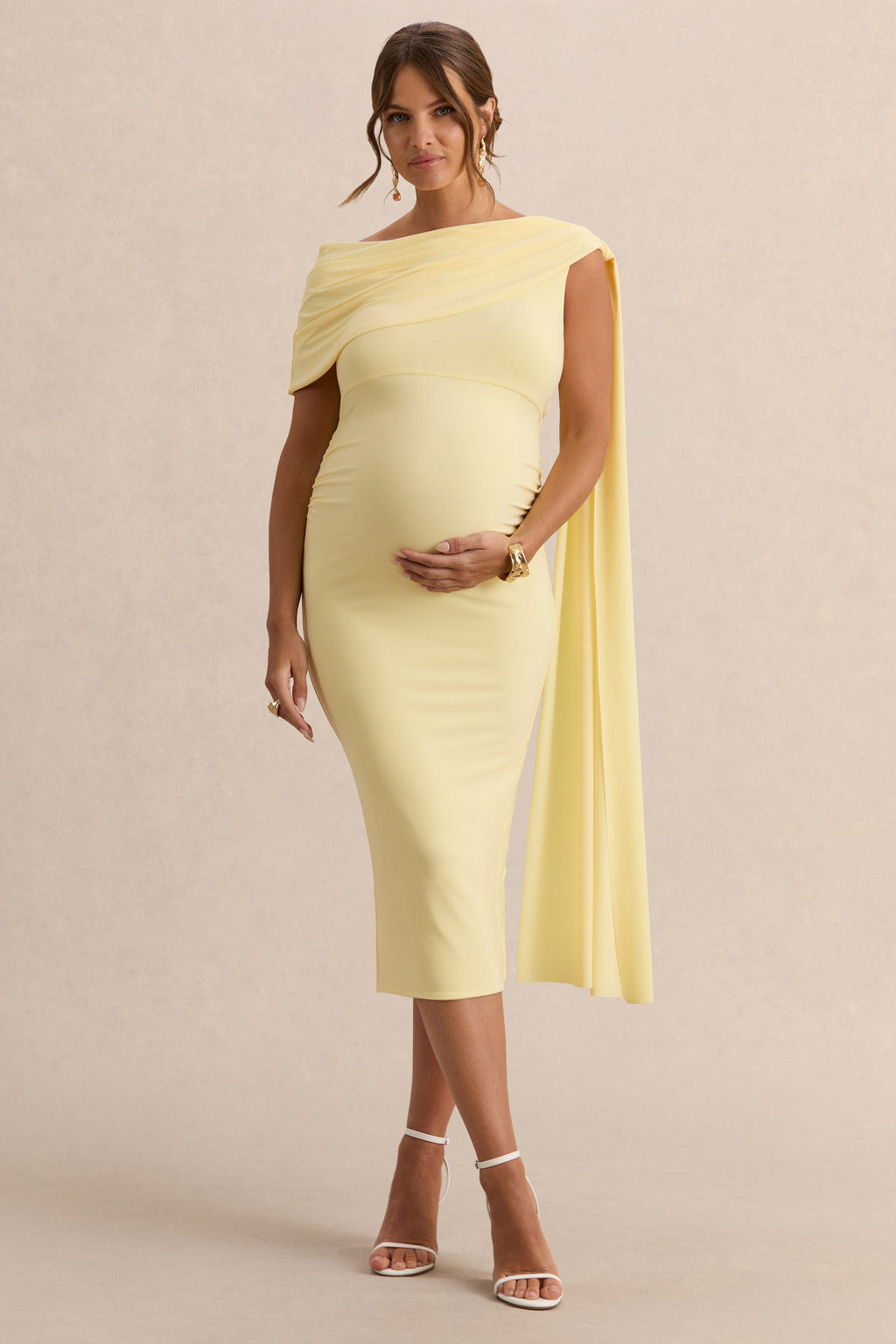 Braelyn | Lemon Asymmetric-Neck Maternity Midi Dress With Gathered Detailing And Sash