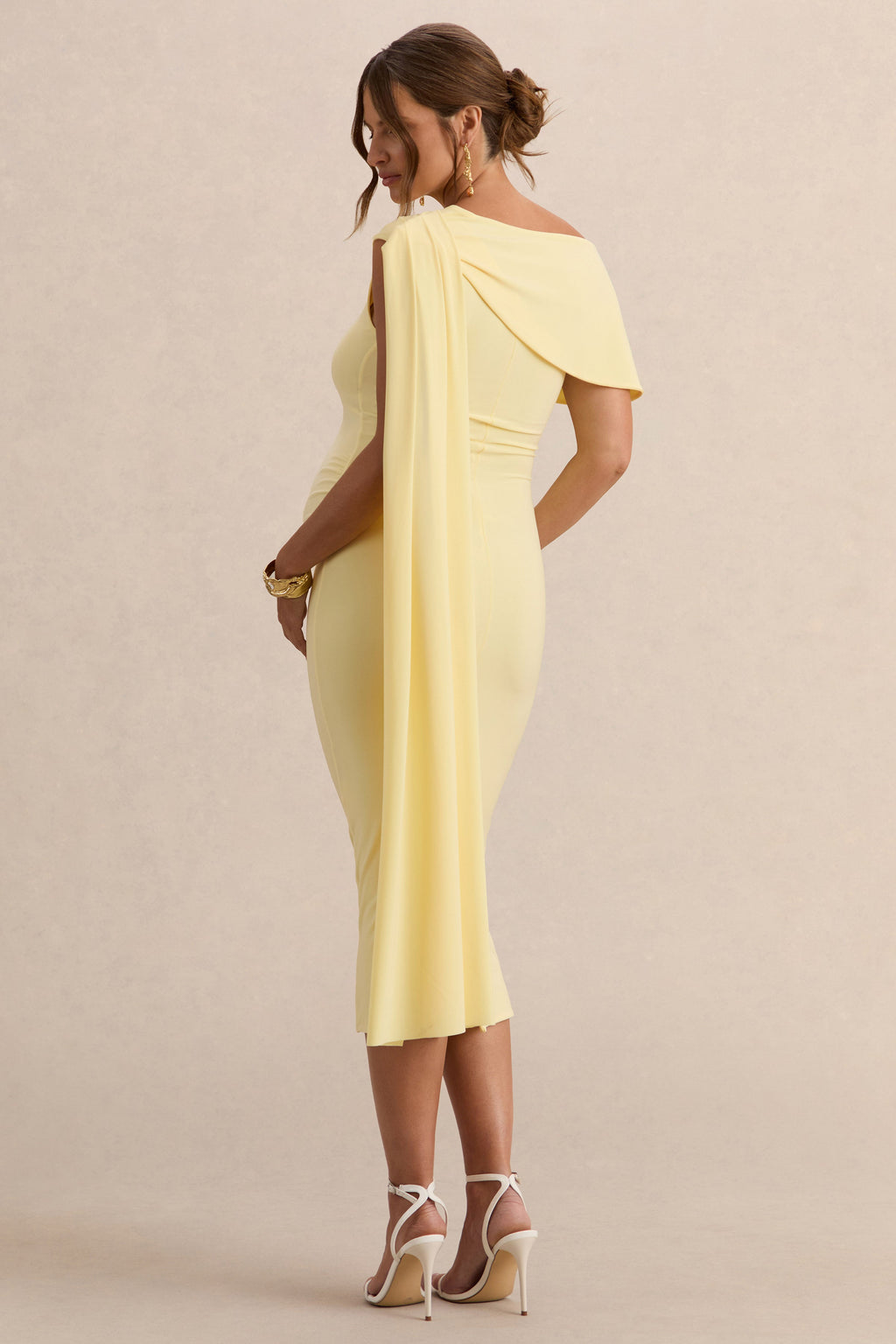 Braelyn | Lemon Asymmetric-Neck Maternity Midi Dress With Gathered Detailing And Sash