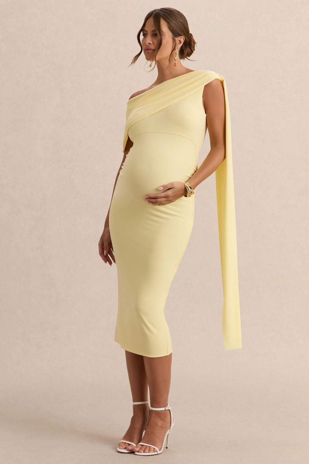 Braelyn | Lemon Asymmetric-Neck Maternity Midi Dress With Gathered Detailing And Sash