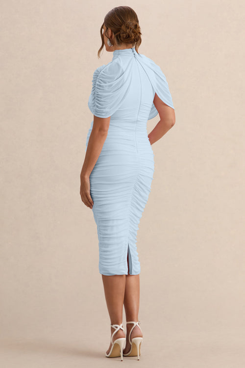 Aderyn | Light Blue High-Neck Maternity Midi Dress With Sheer Cape Sleeves
