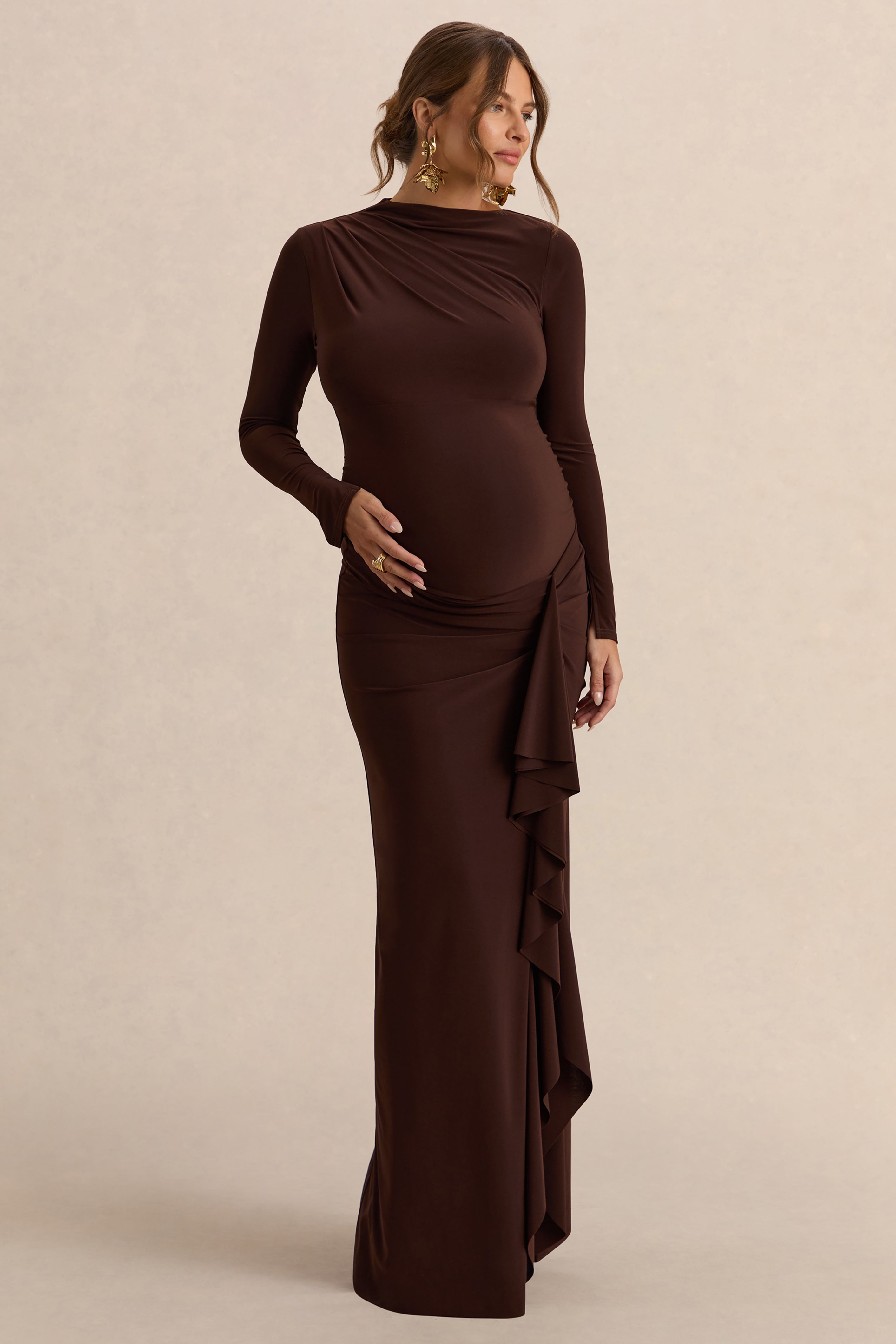 Kamira | Dark Brown Round-Neck Maternity Maxi Dress With Gathered Detailing