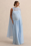 Louella | Light Blue Round-Neck Maternity Maxi Dress With Sheer Cape
