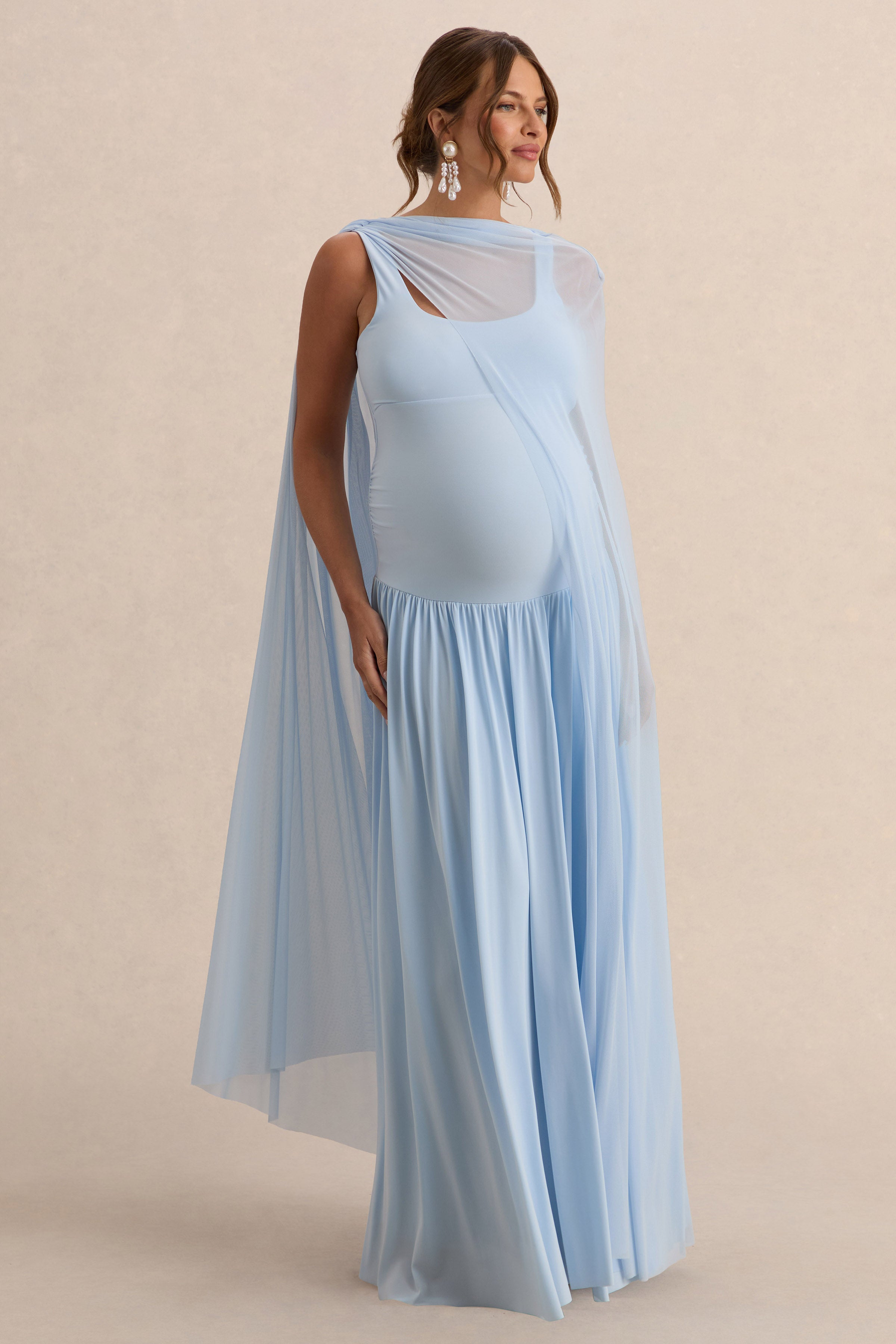 Louella | Light Blue Round-Neck Maternity Maxi Dress With Sheer Cape