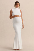 Saffira | White High-Neck Maternity Maxi Dress With Draped Detailing