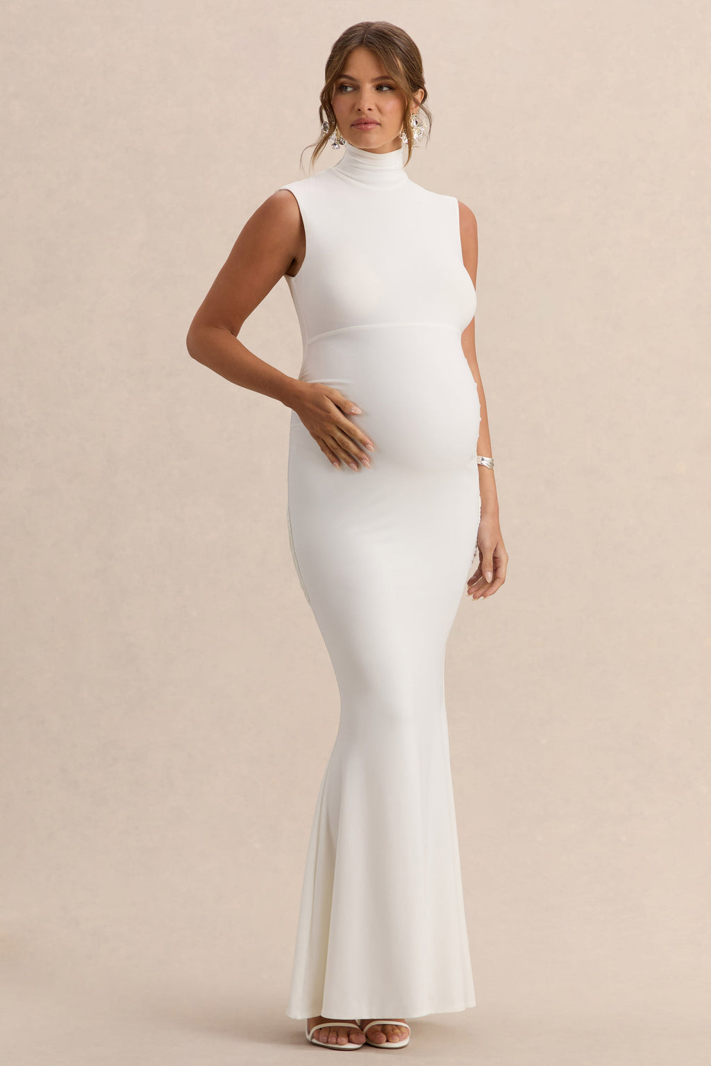 Saffira | White High-Neck Maternity Maxi Dress With Draped Detailing
