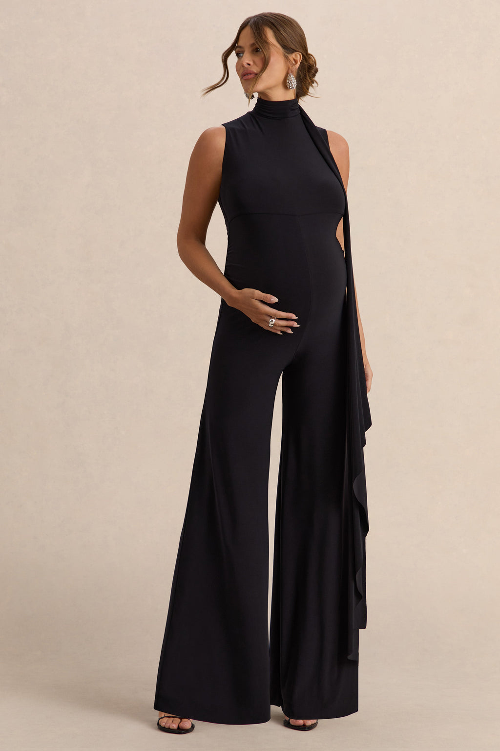 Renza | Black High-Neck Maternity Jumpsuit With Scarf Detail
