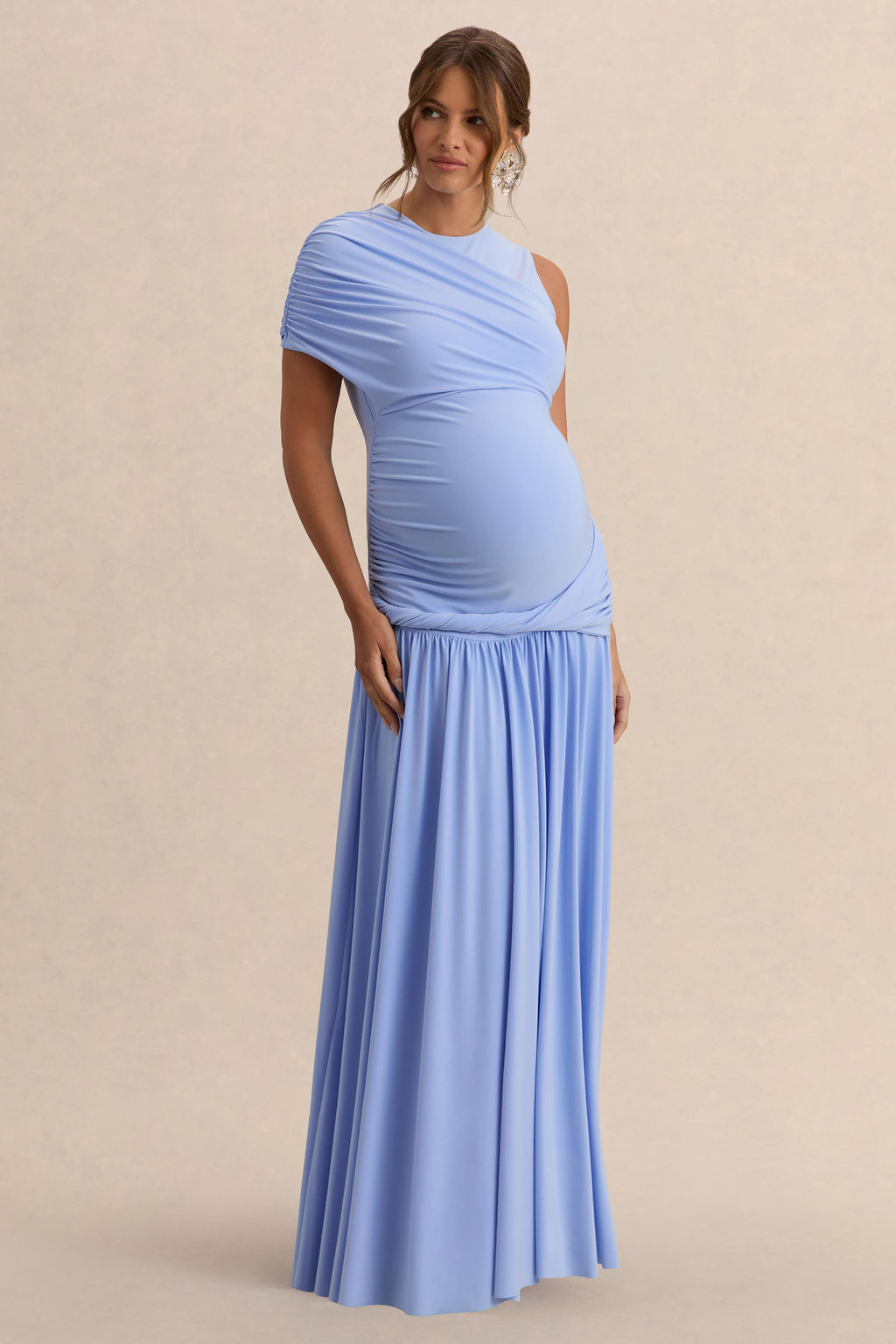 Naida | Light Blue Round-Neck Maternity Maxi Dress With Draped Detailing