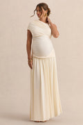 Naida | Cream Round-Neck Maternity Maxi Dress With Draped Detailing