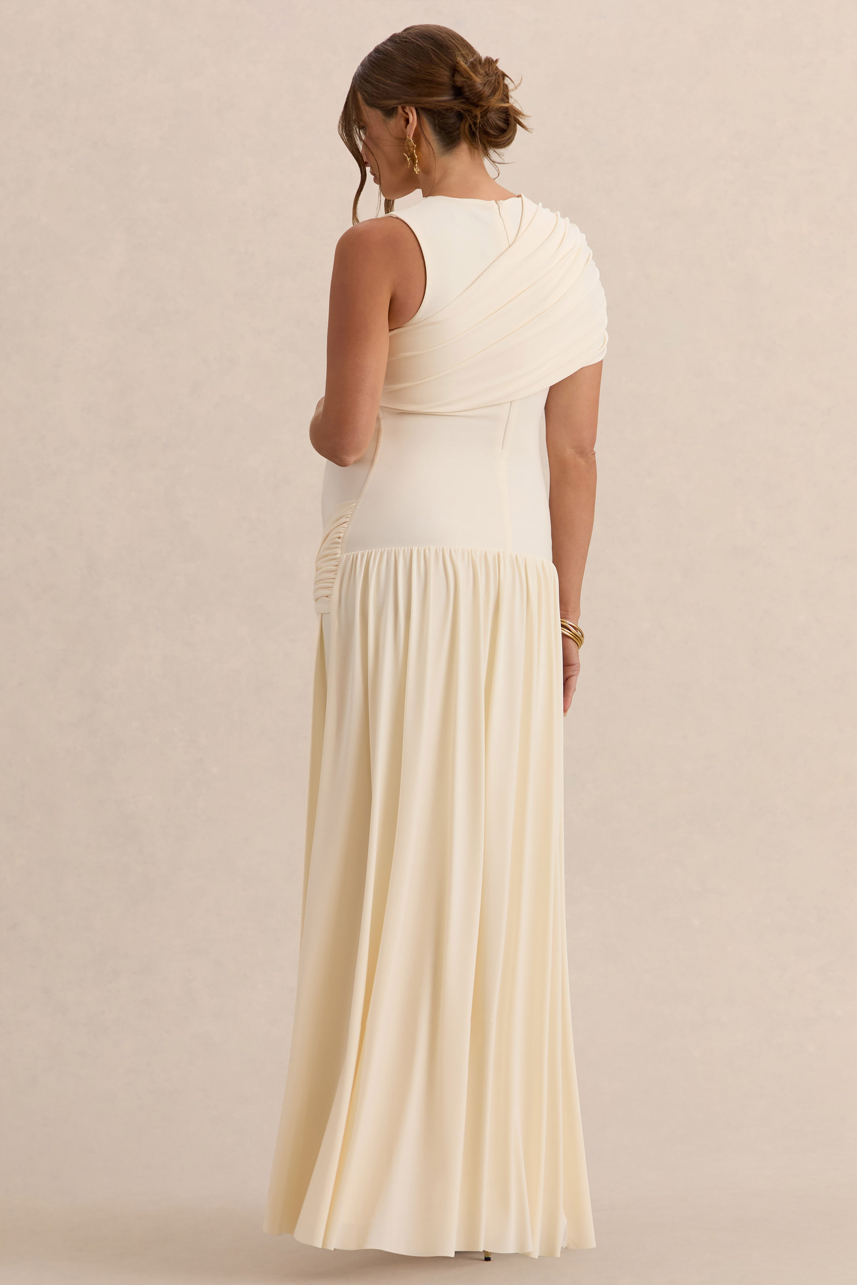 Naida | Cream Round-Neck Maternity Maxi Dress With Draped Detailing