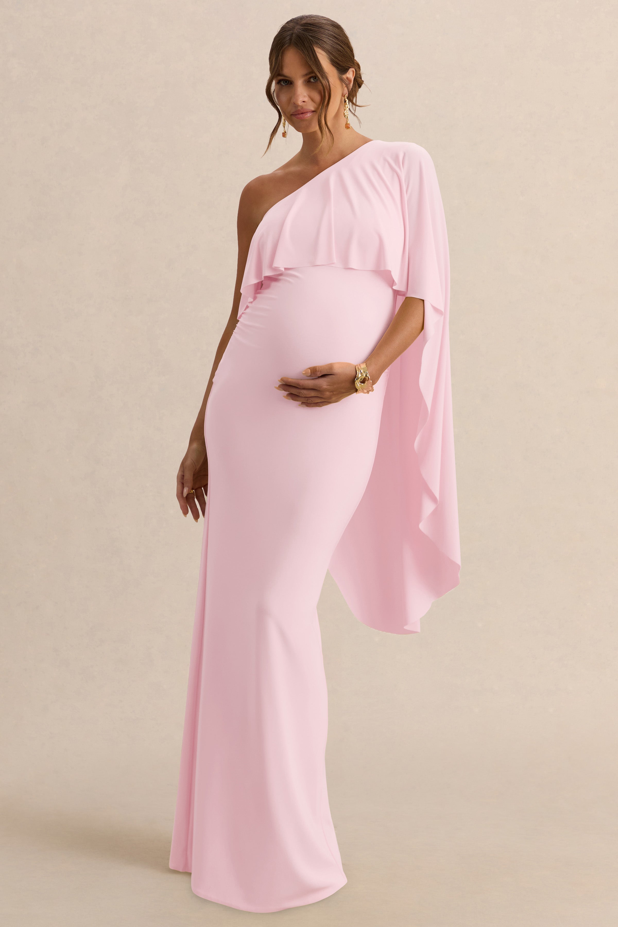 Cicely | Light Pink Asymmetric-Neck Maternity Maxi Dress With Cape Sleeve