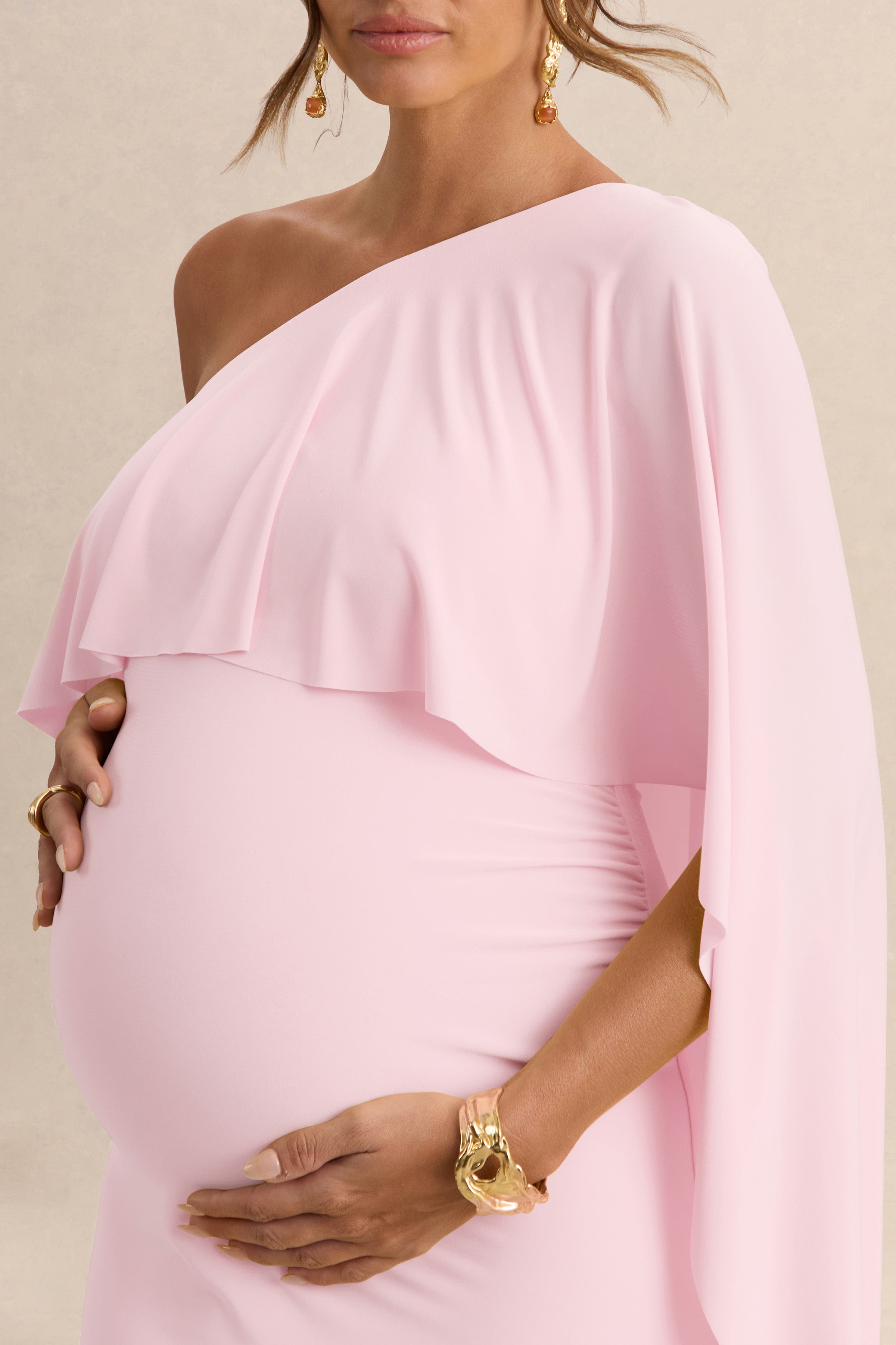 Cicely | Light Pink Asymmetric-Neck Maternity Maxi Dress With Cape Sleeve