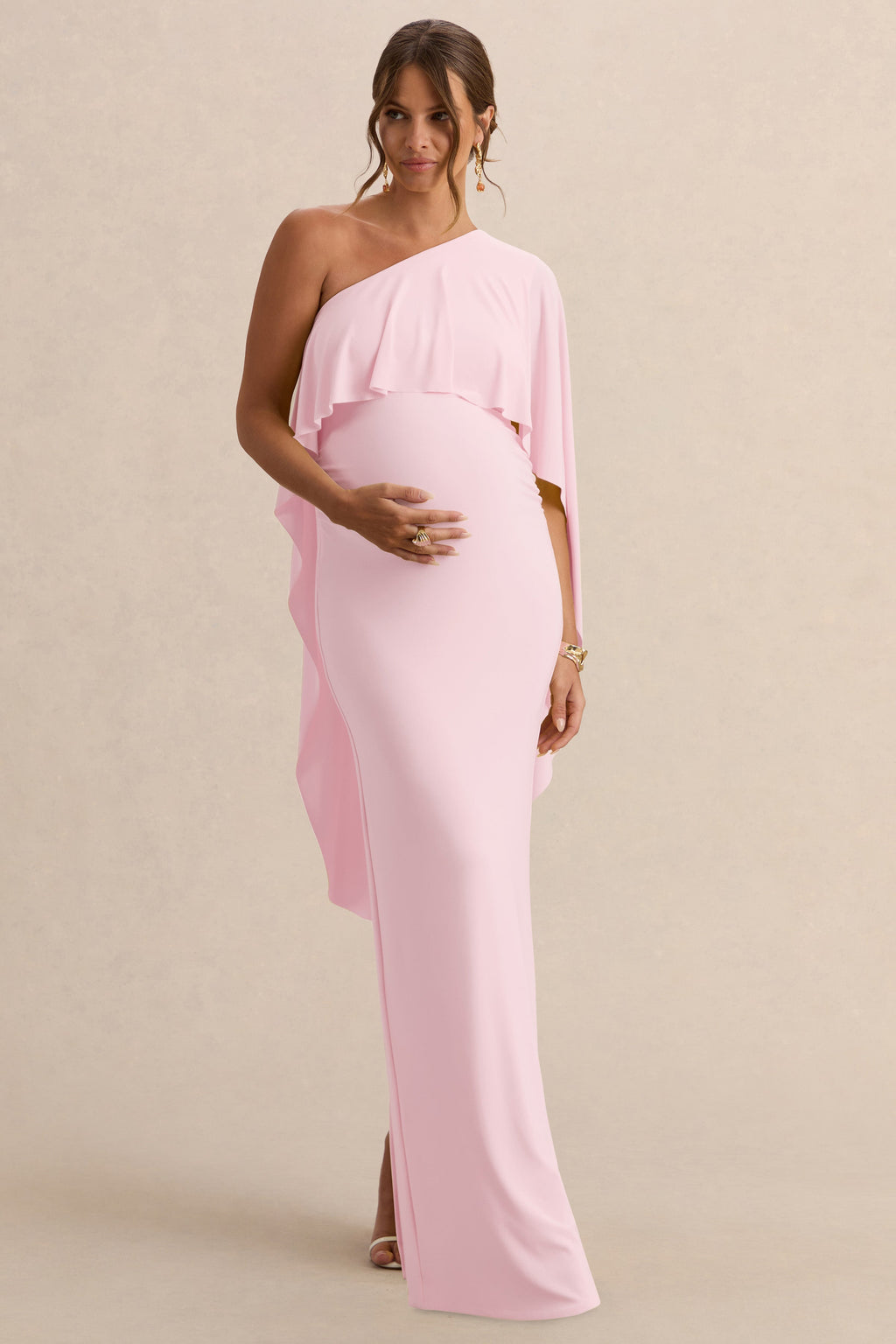 Cicely | Light Pink Asymmetric-Neck Maternity Maxi Dress With Cape Sleeve
