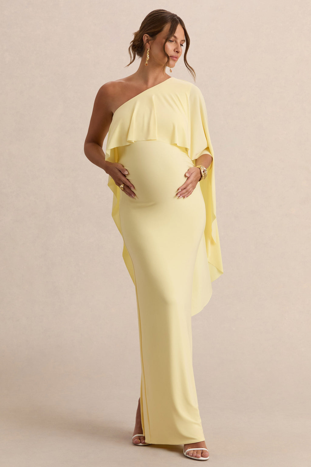 Cicely | Lemon Asymmetric-Neck Maternity Maxi Dress With Cape Sleeve