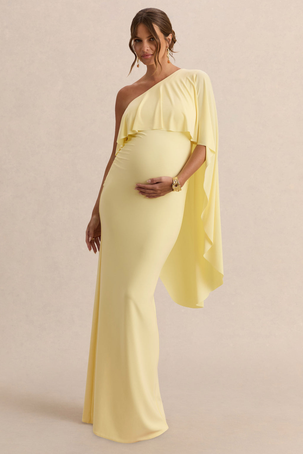 Cicely | Lemon Asymmetric-Neck Maternity Maxi Dress With Cape Sleeve