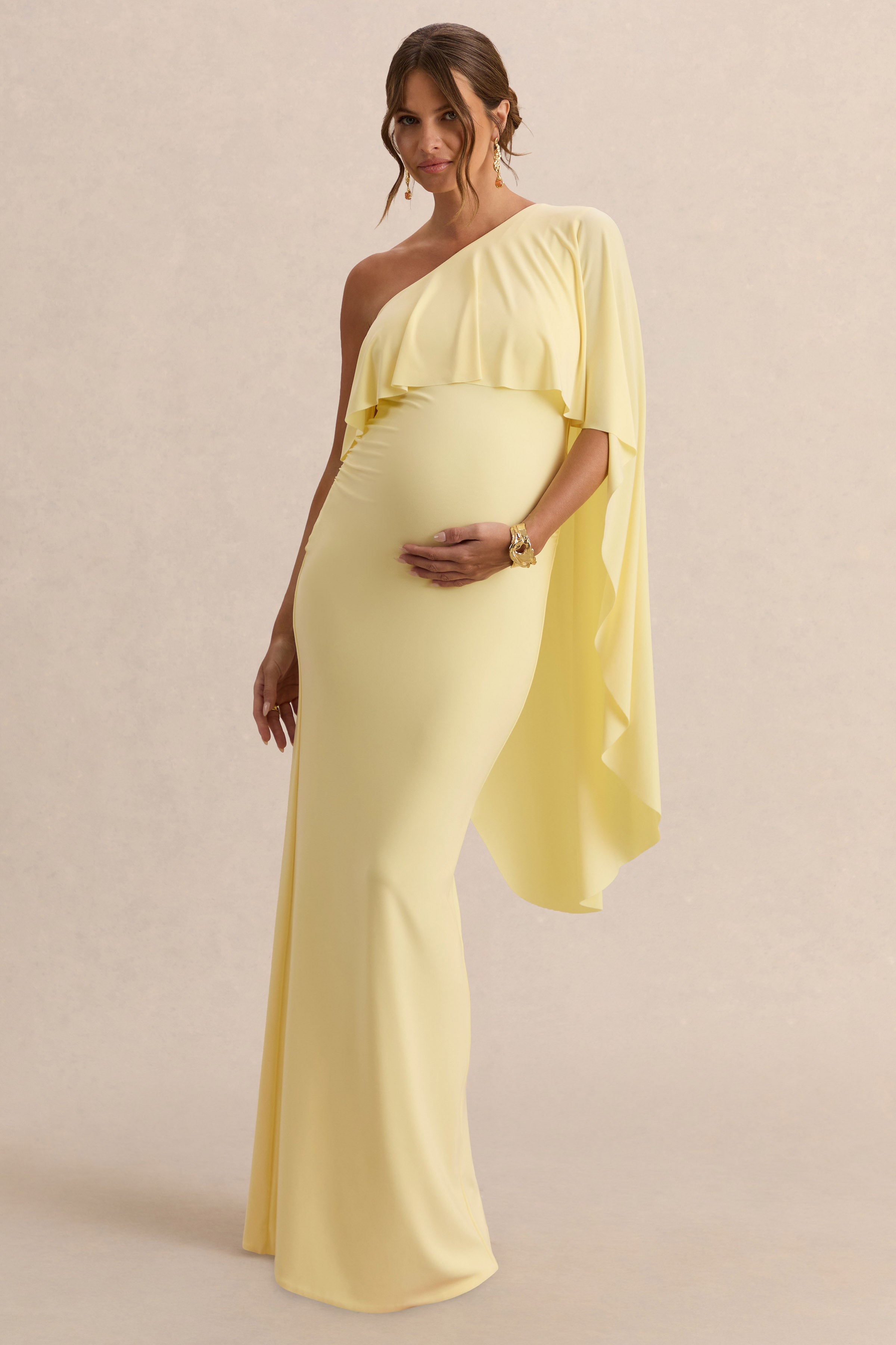 Cicely | Lemon Asymmetric-Neck Maternity Maxi Dress With Cape Sleeve