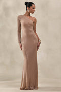 Laurine | Nude Embellished Asymmetric-Neck Maxi Dress