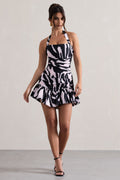 Zahra | Zebra Print Halter-Neck Ruched Mini Dress With Ruffle Hem