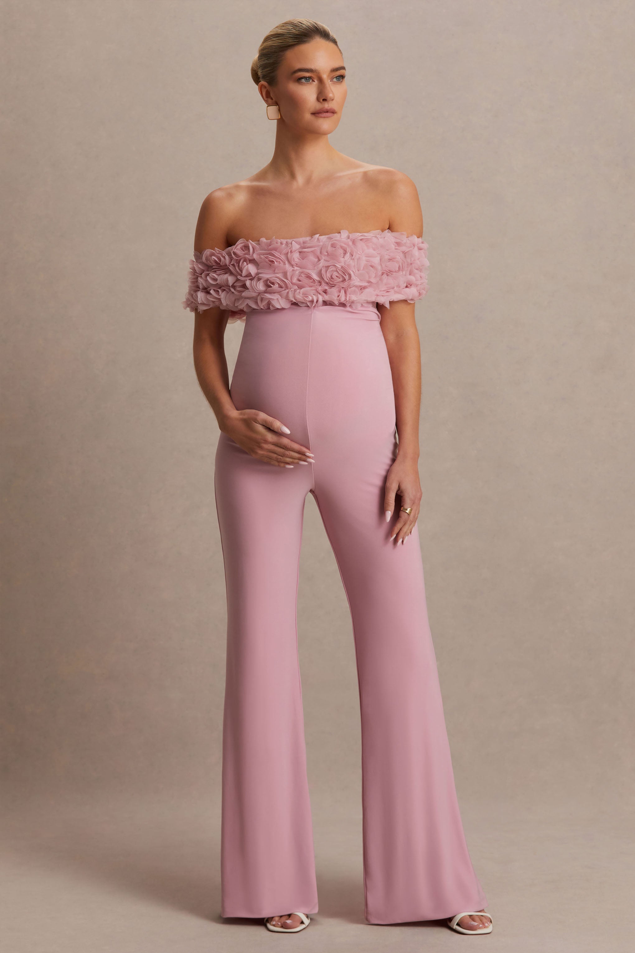 Sallow | Pink Floral Bardot Maternity Jumpsuit