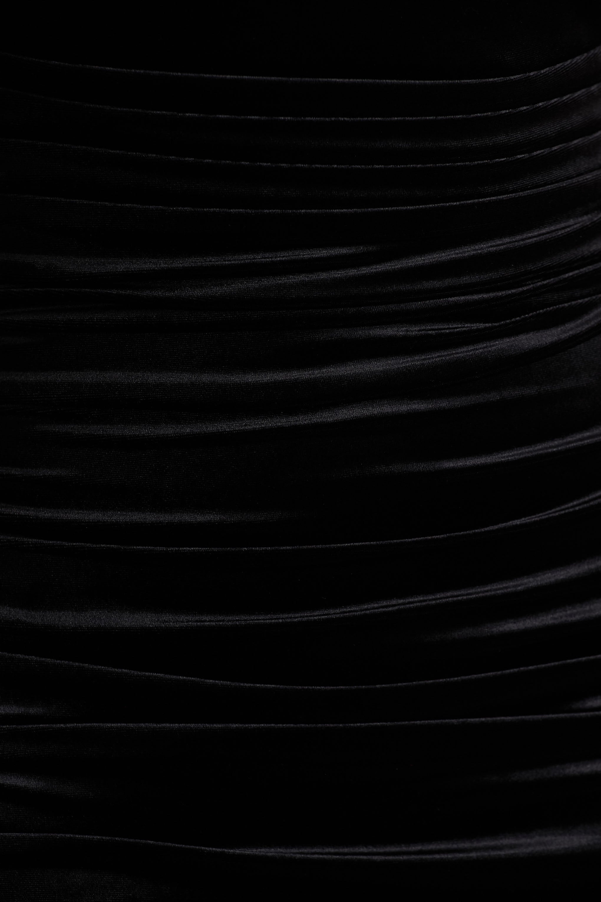Chrissy | Black Velvet Square-Neck Midi Dress With Mesh-Sleeves And Ruched Detailing