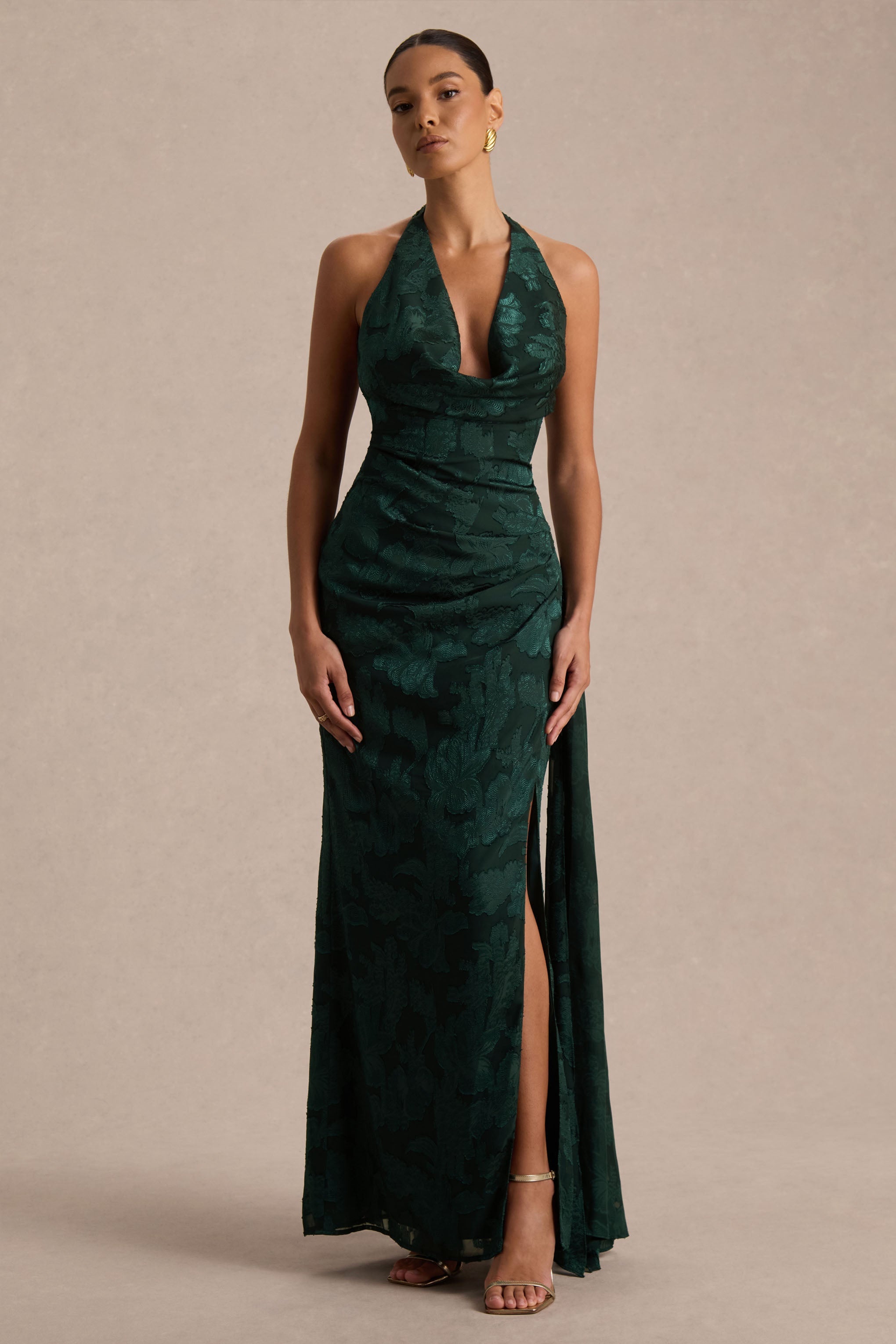 Talula | Dark Green Extreme Cowl-Neck Maxi Dress With Sash And Front-High Split