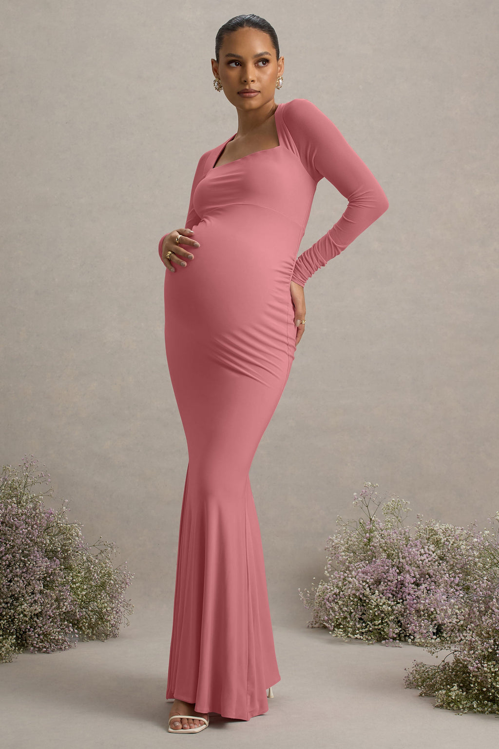 blush pink maternity maxi dress Blush Maternity Maxi Dress with Long Sleeves