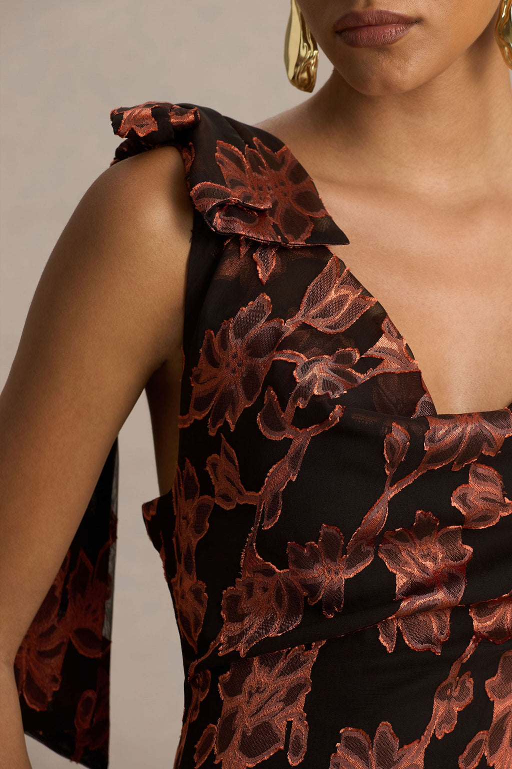 Mar | Black And Rust Cowl-Neck Maxi Dress With Bow Detail