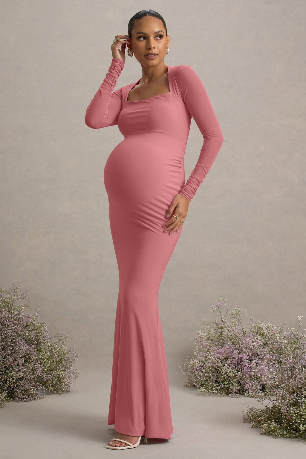 pink maternity dress long sleeve Elegant Long Sleeve Floor Maternity Dress for Photoshoot, Pink / XL
