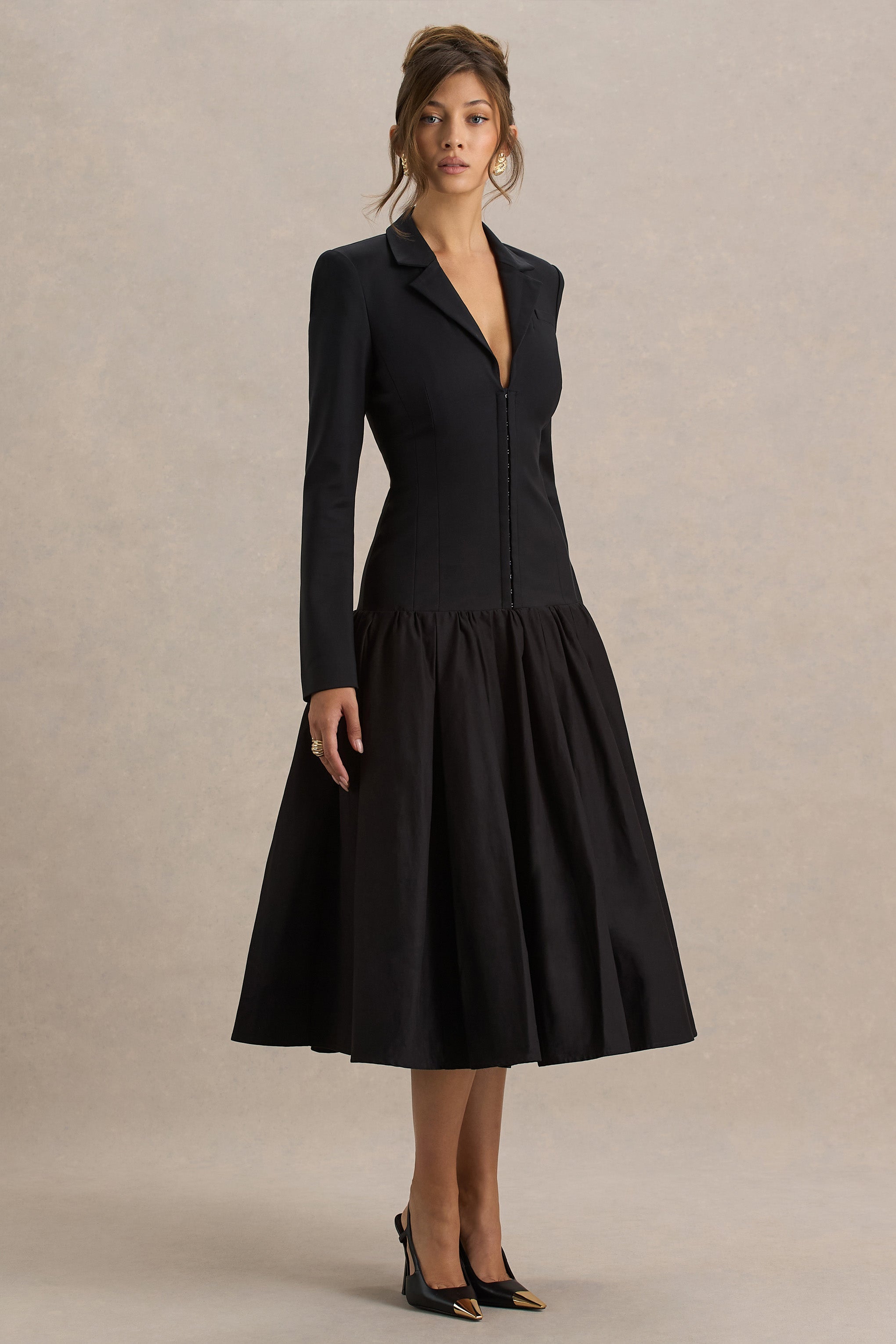 Cosmopolitan | Black Plunge-Neck Tailored Midi Dress With Pleated Hem